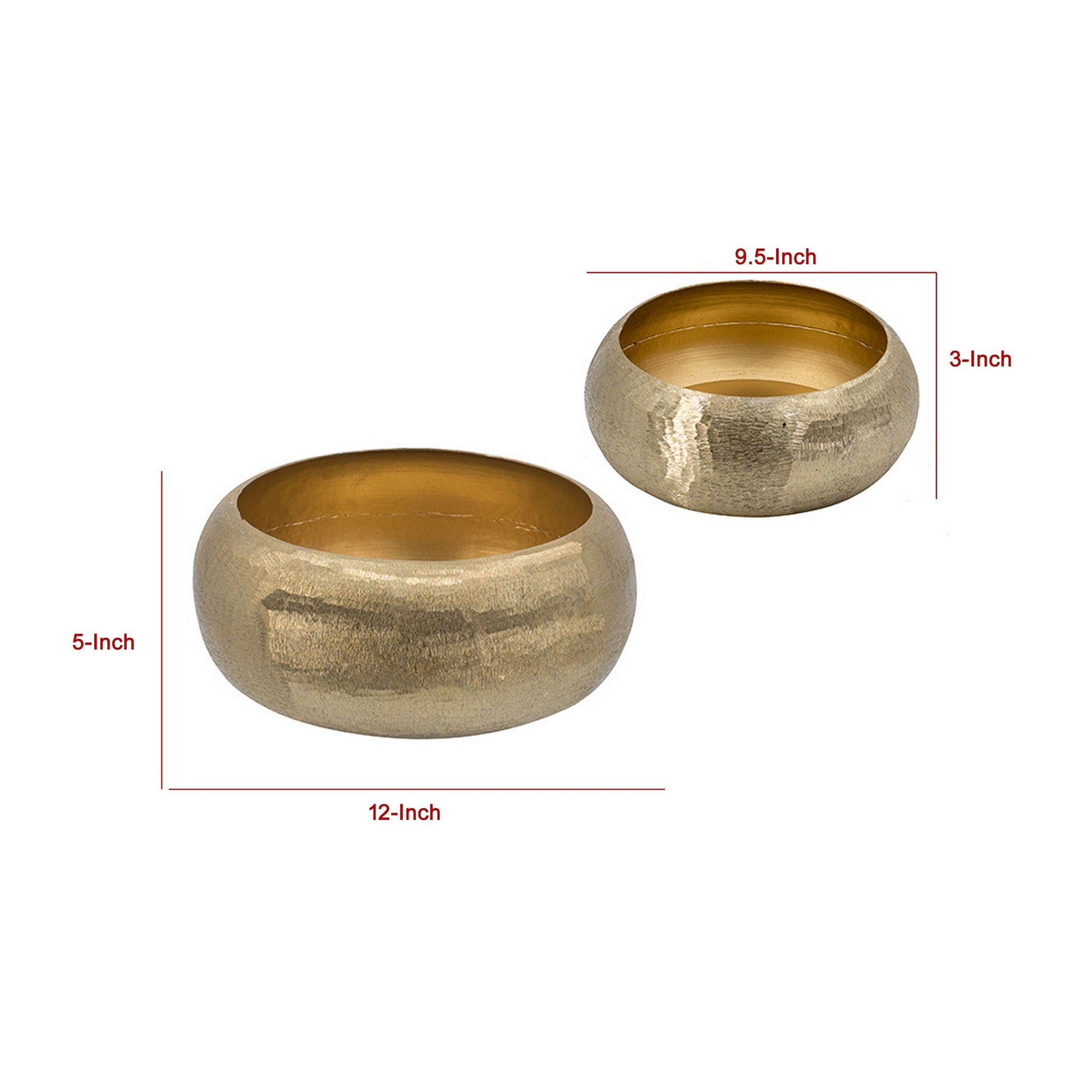 2 Piece Rounded Decorative Bowls, Gold Metal Hammered Texture, Wide Ingress Gold Aluminium