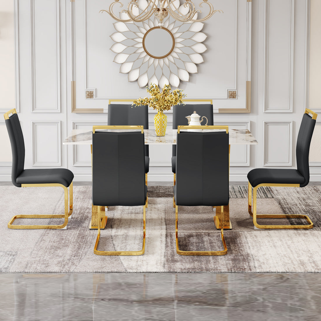 Table And Chair Set, Rock Plate Table Top, Gold Metal Table Legs, Stable And Beautiful, Suitable For Most Home Styles. Modern Simple Dining Table, Comfortable Seating. Grey Gold Seats 6 Sintered Stone