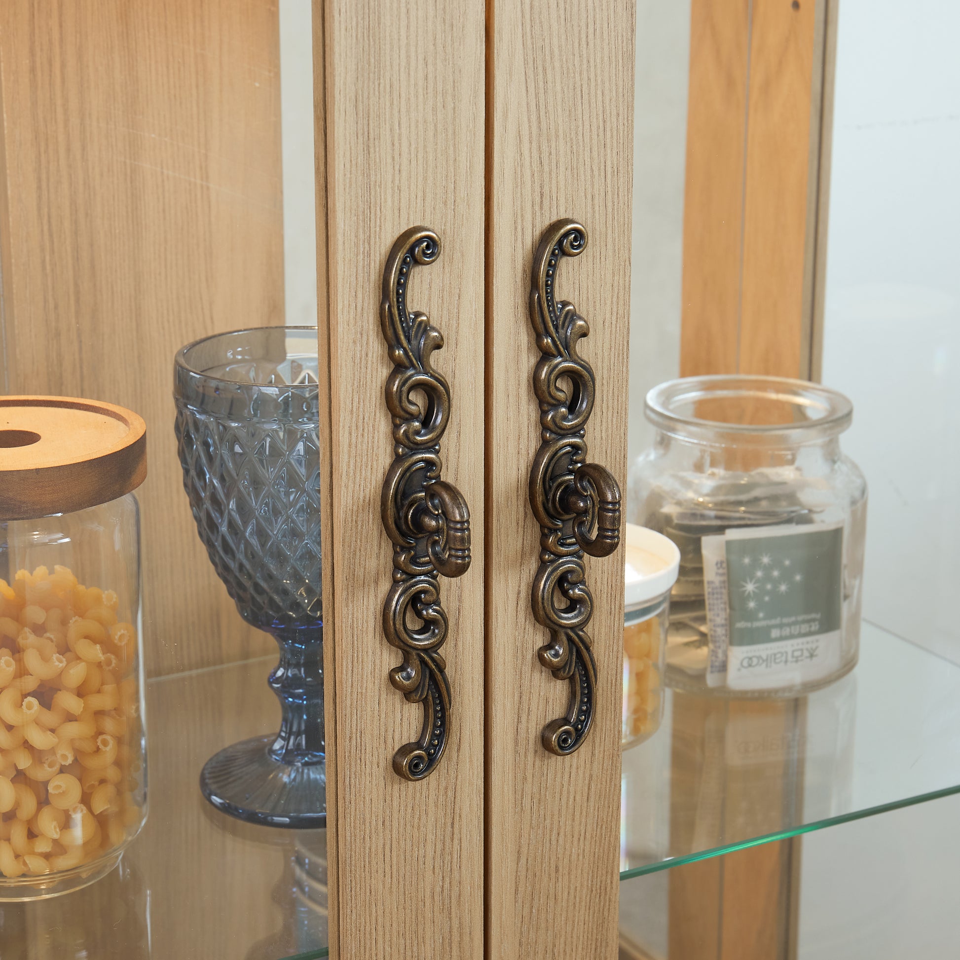 Glass Cabinet Lighted Glass Cabinet Curio Display Cabinet With Adjustable Glass Shelves 2 Doors And 1 Drawer Cabinet Bulb Included Oak Oak Mdf Glass