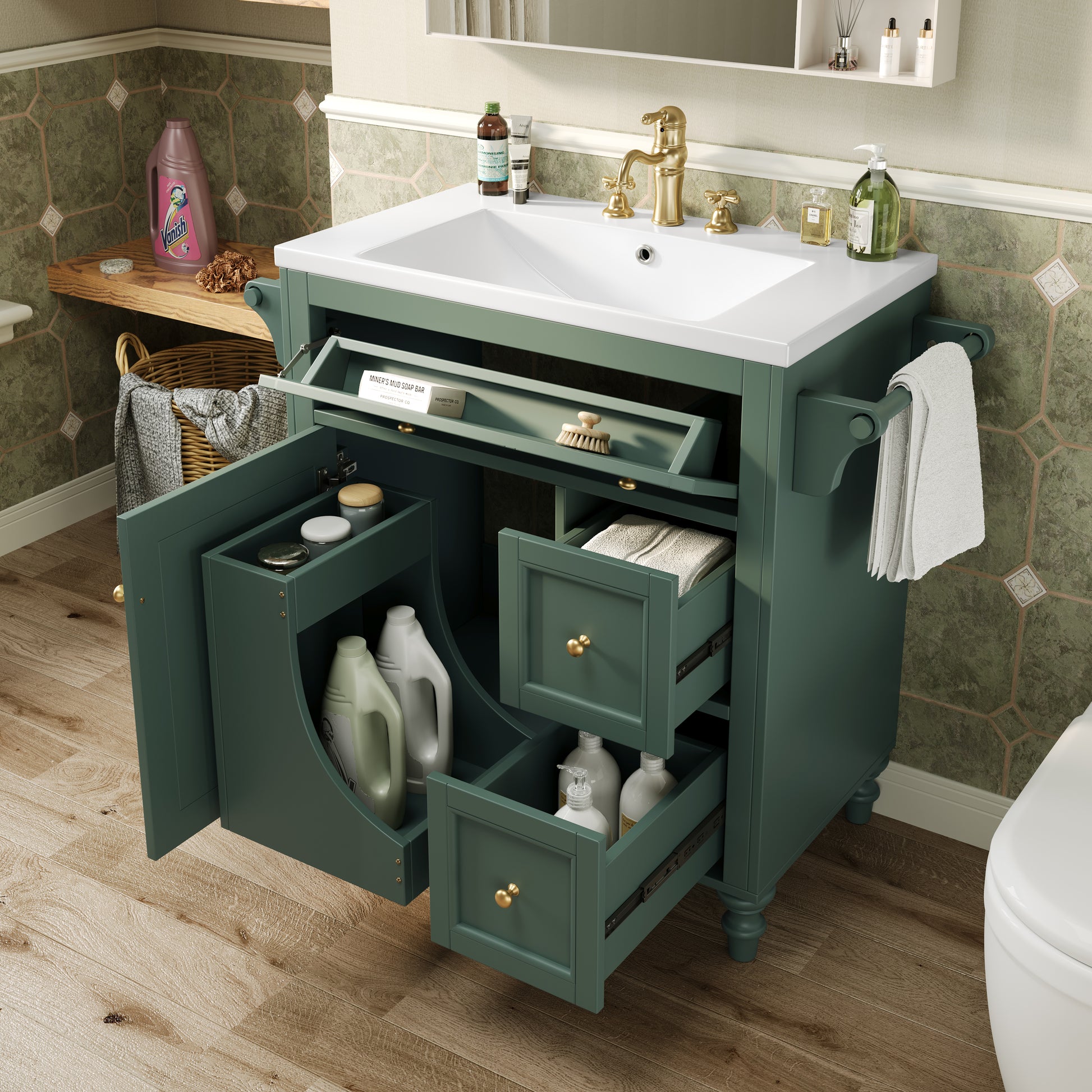 30'' Bathroom Vanity With Top Sink, Modern Bathroom Storage Cabinet With 2 Drawers And A Tip Out Drawer, Single Sink Bathroom Vanity Same As N710S130001F Green Bathroom Modern Solid Wood Mdf Resin