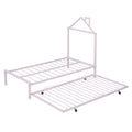 Twin Size Metal Platform Bed With Twin Size Trundle,House Shaped Headboard Design, Pink Twin Pink Metal