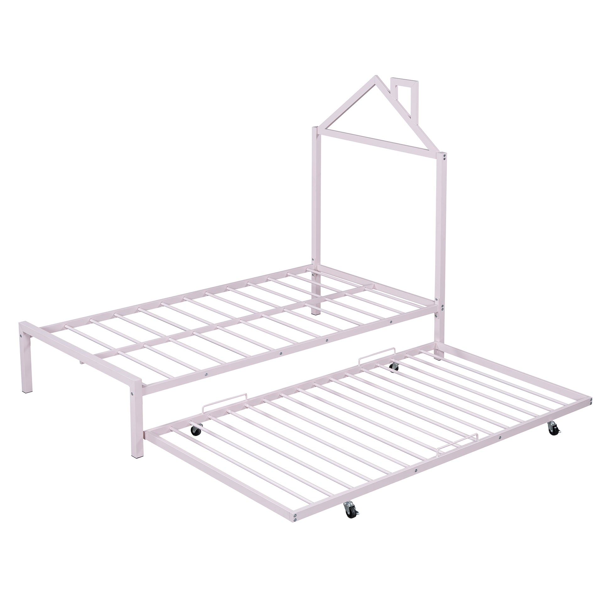 Twin Size Metal Platform Bed With Twin Size Trundle,House Shaped Headboard Design, Pink Twin Pink Metal