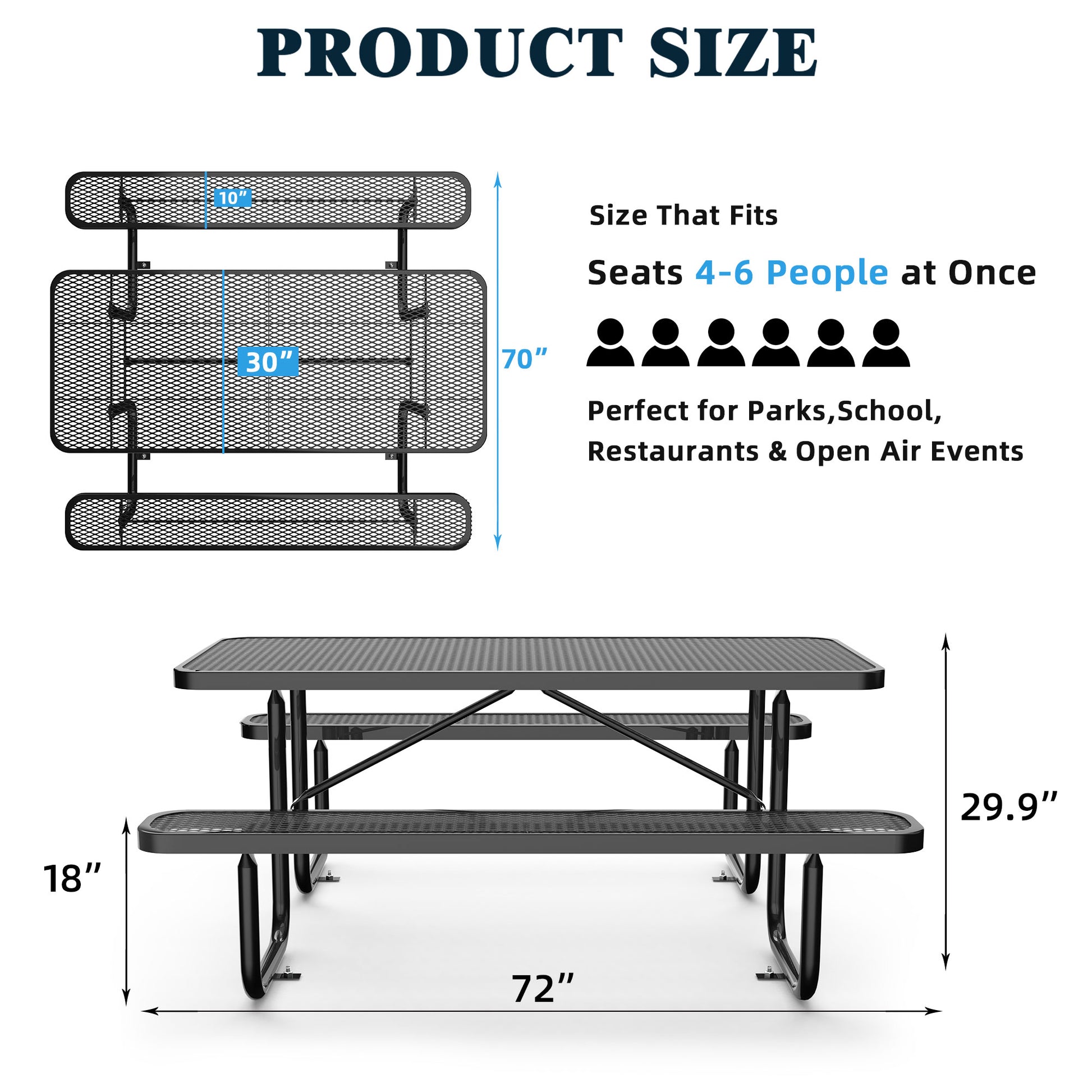 72" Expanded Metal Rectangular Picnic Table, Black Black Steel Steel