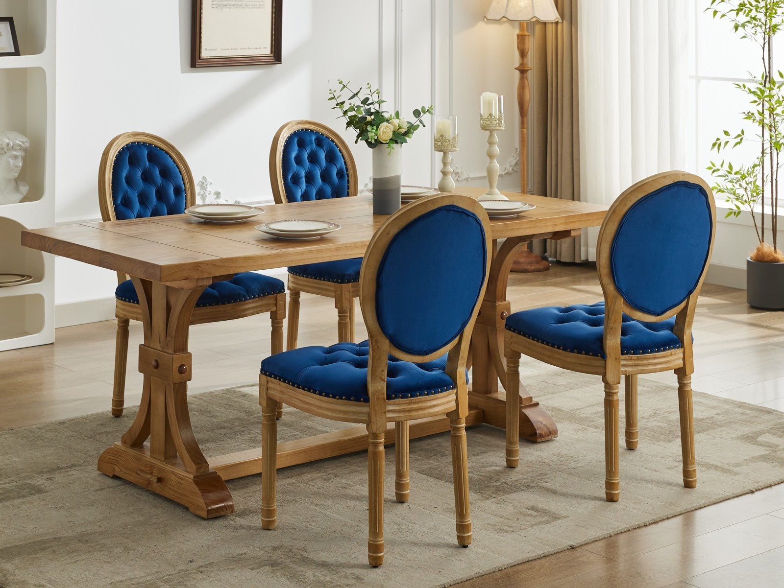 French Style Solid Wood Frame Antique Painting,Hand Pulled Buckle Decoration Velvet Artificial Leather Dining Chair With Trim ,Wood Legs,Steel Spring Inner,Set Of 2,Blue,Sw1739Bl Blue Dining Room American Design Dining Chairs Rubberwood Set Of 2 Foam