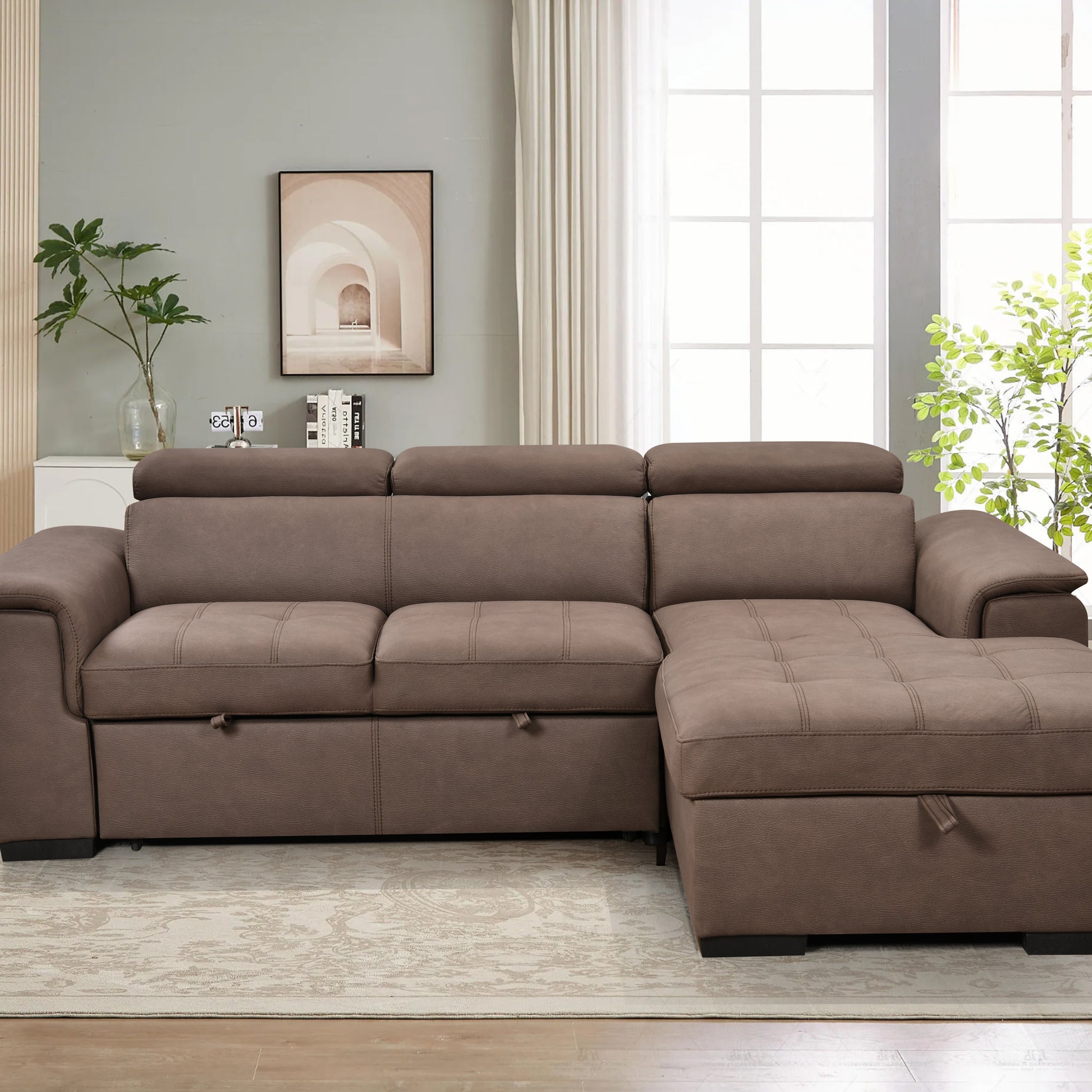 97 Inch Convertible Sectional Sofa With Storage Chaise, Adjustable Headrests, Contemporary L Shaped Sleeper Corner Sectional Sofa With A Pull Out Bed ,Dark Brown Light Brown Wood Primary Living Space Heavy Duty Eucalyptus 3 Seat Dark Brown Microfiber