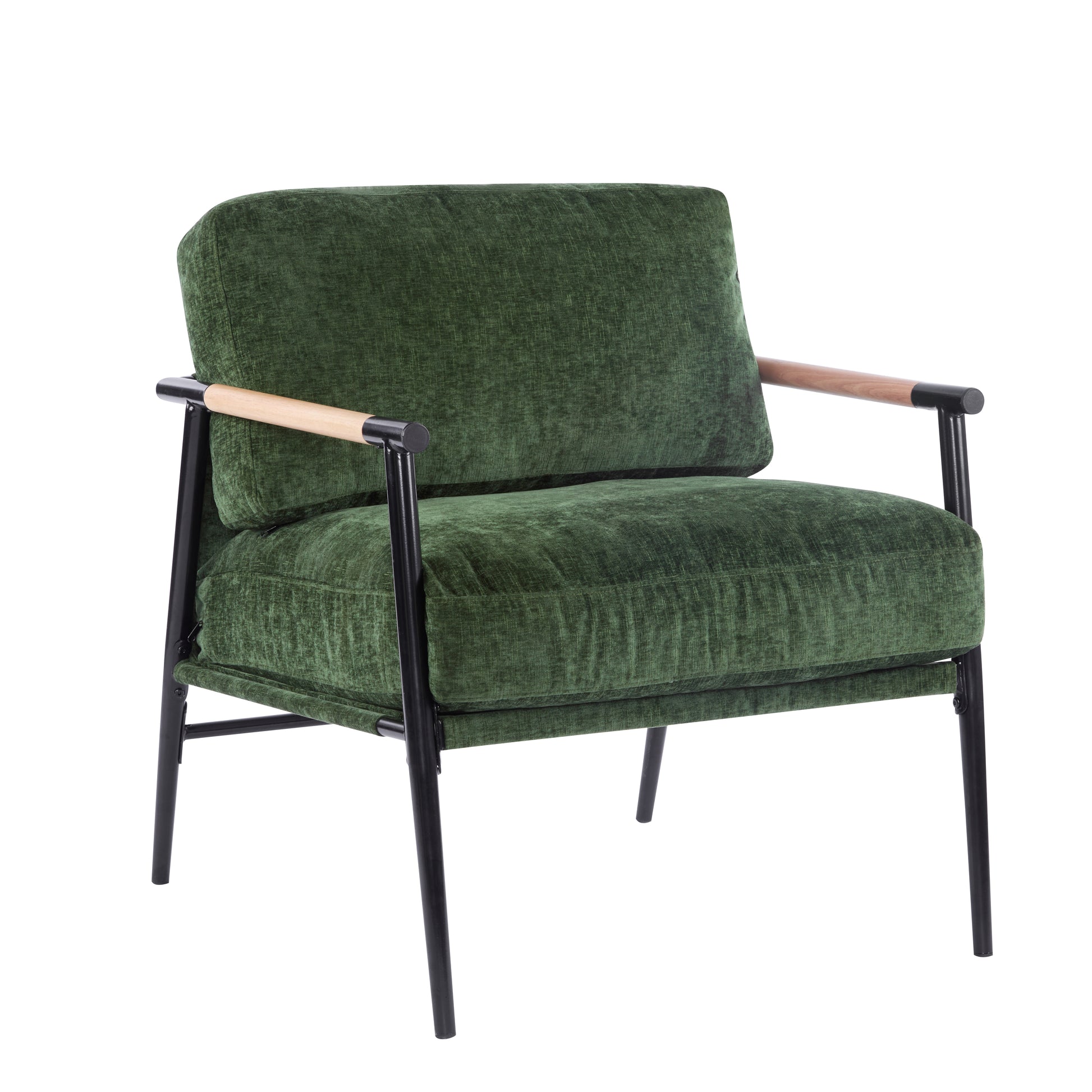 27.56" Modern Accent Chair With Plush Cushions, Minimalist Metal Frame, And Wooden Armrest Design Perfect For Cozy Living Room, Bedroom, Or Office Seating Green Metal,Polyester,Solid Wood