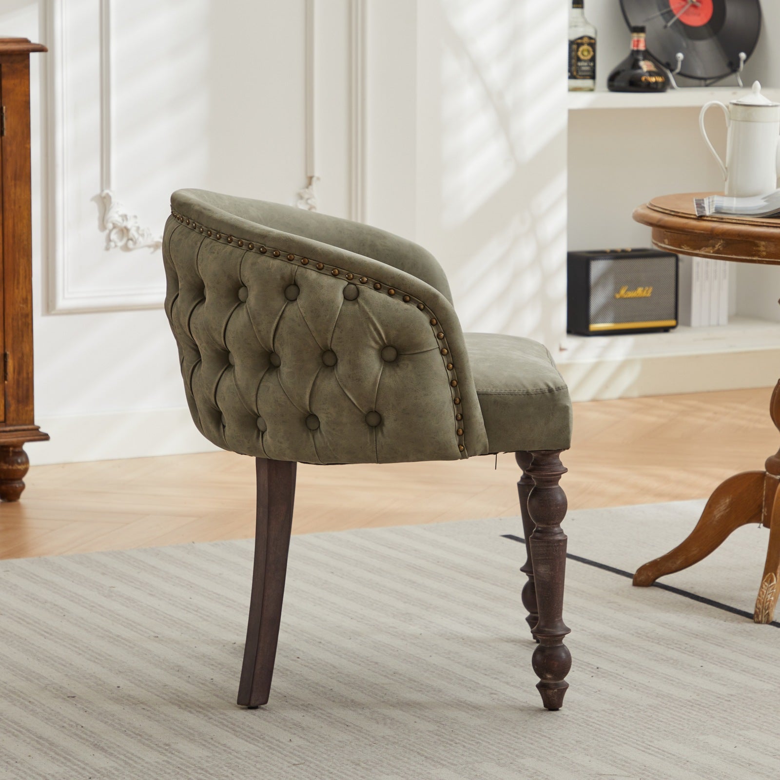 Hand Pulled Buckle Decoration Pu Dining Chair,Accent Leisure Chair, Mid Century Modern Arm Chair With Solid Wood Armrests And Legs, 1 Seat Cushioned Sofa For Living Room Bedroom,Olive Green Color Olive Green Primary Living Space American Design