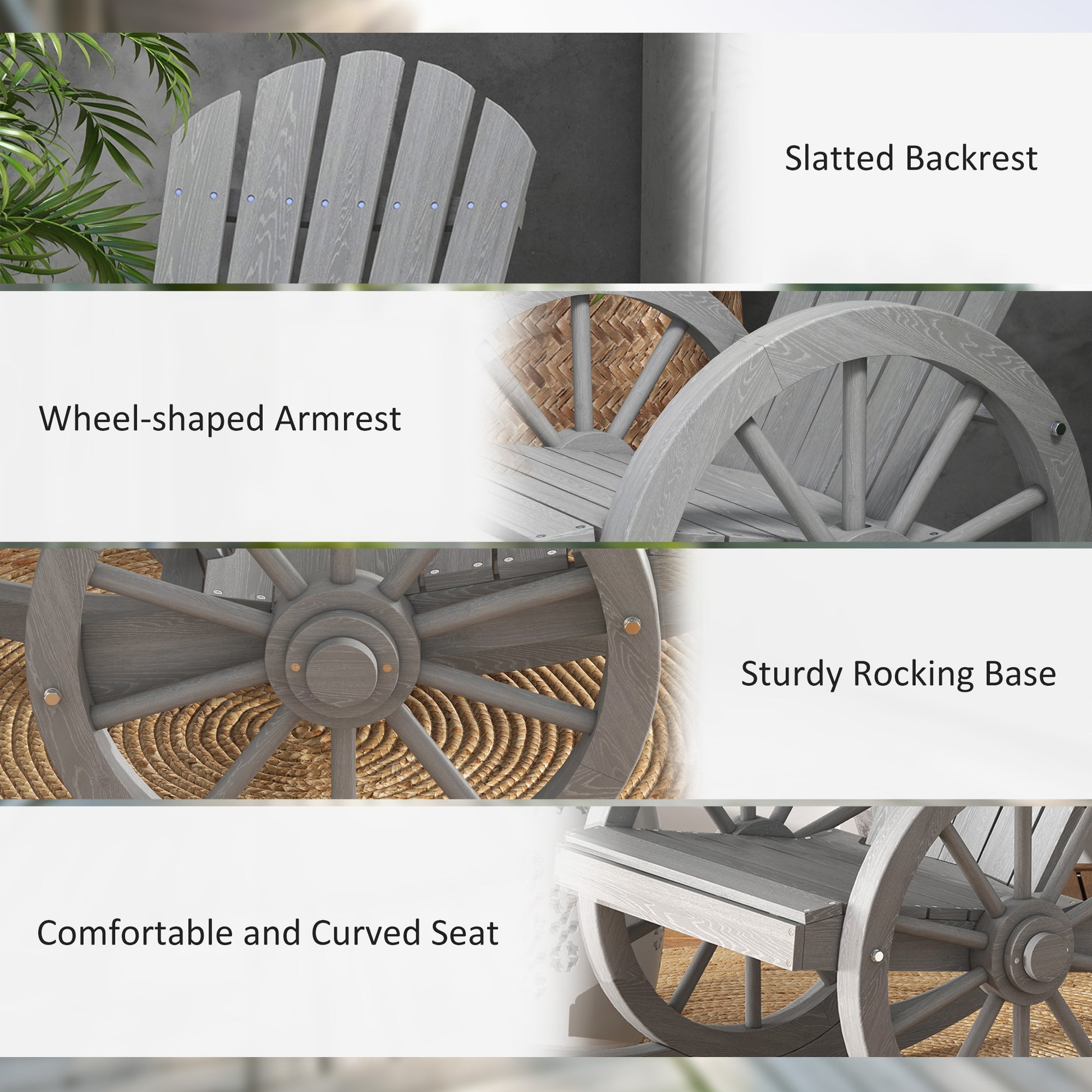 Outsunny Wooden Rocking Chair, Adirondack Rocker Chair W Slatted Design And Oversized Back, Outdoor Rocking Chair With Wagon Wheel Armrest For Porch, Poolside, And Garden, Gray Gray Wood