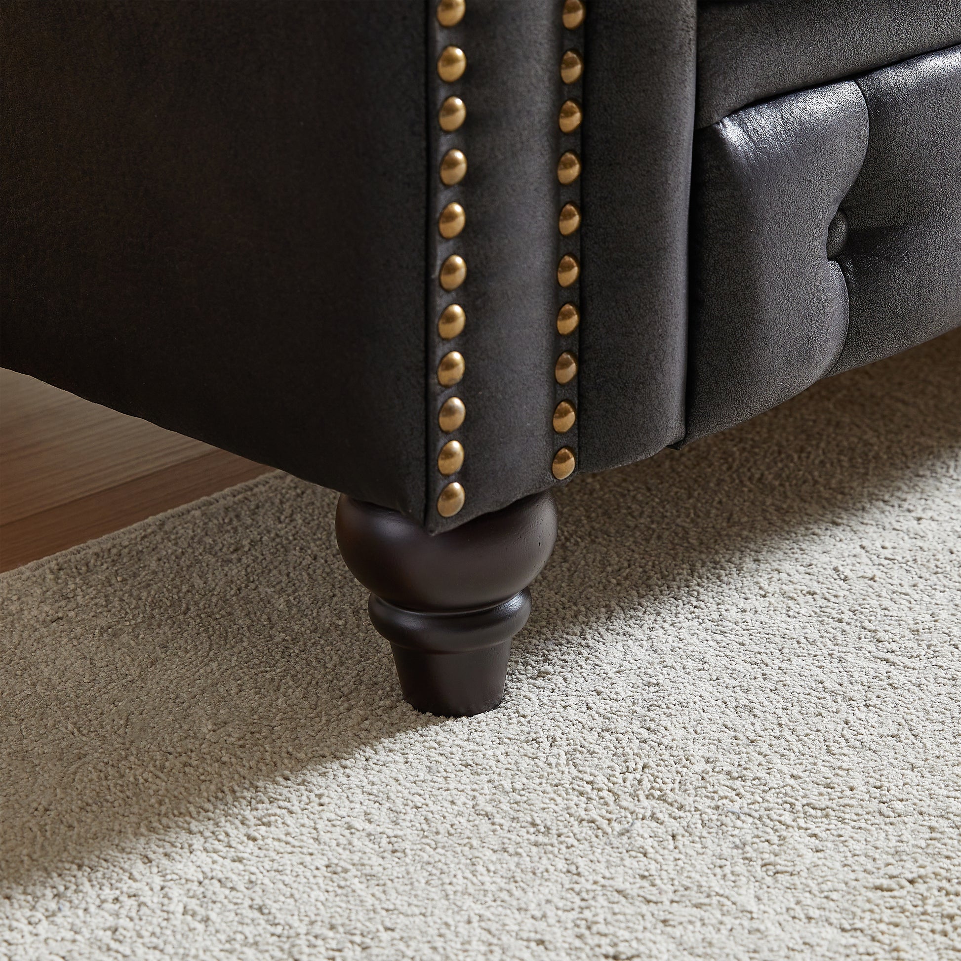 Fx 63.5" Contemporary Design Chesterfield Sofa, Tech Fabric Button Design Living Room Sectional, Button Tufted With Nail Design Arms With 2 Pillows, Upholstered Upholstery And Wooden Legs Black Wood Primary Living Space Pine Foam Fabric 3 Seat