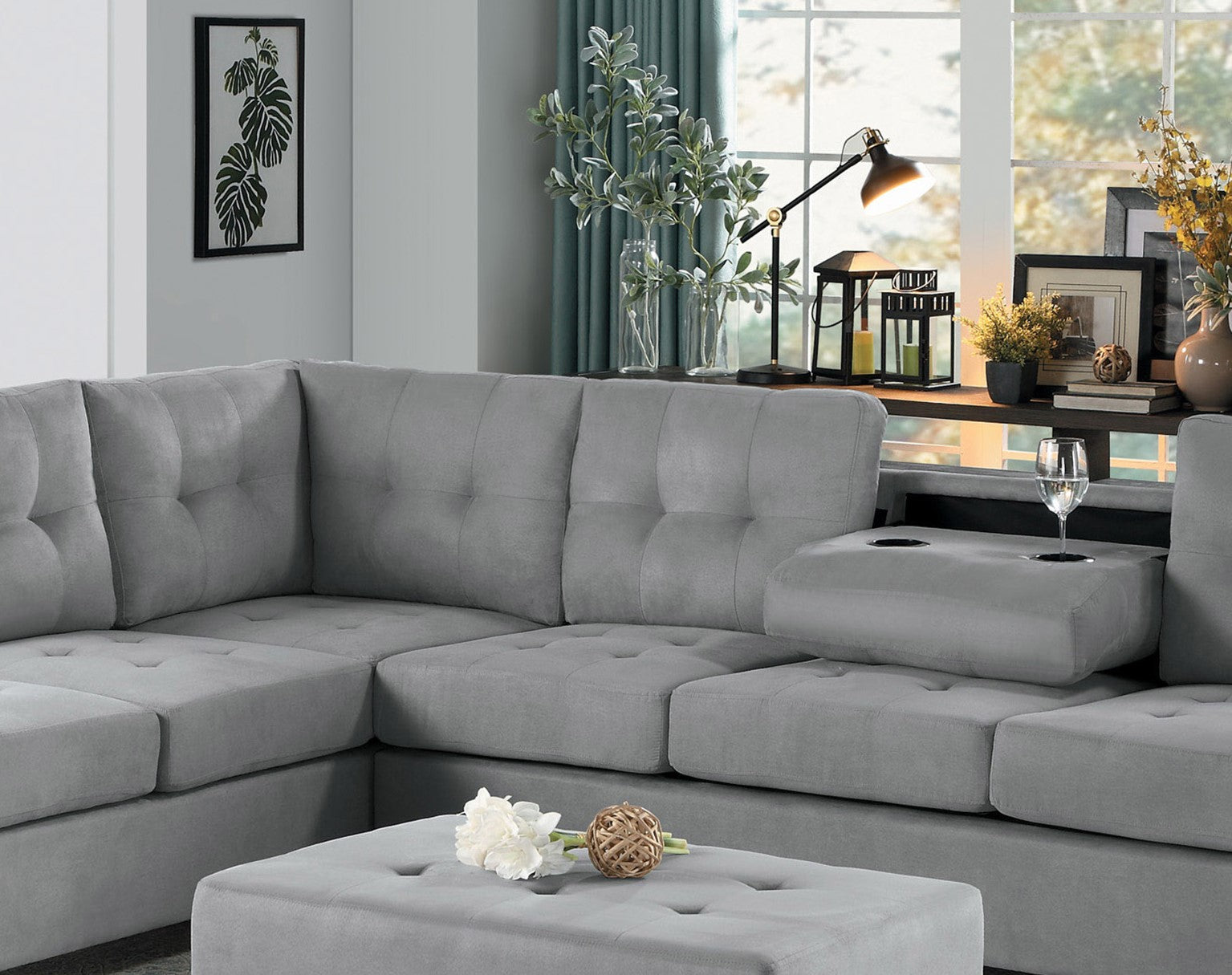 Modern Living Room 3 Piece Reversible Sectional With Drop Down Cup Holders Sofa Chaise Ottoman Storage Gray Microfiber Upholstered Tufted Details Gray Microfiber Wood Primary Living Space Modern L Shaped Plywood,Solid Wood 6 Seat