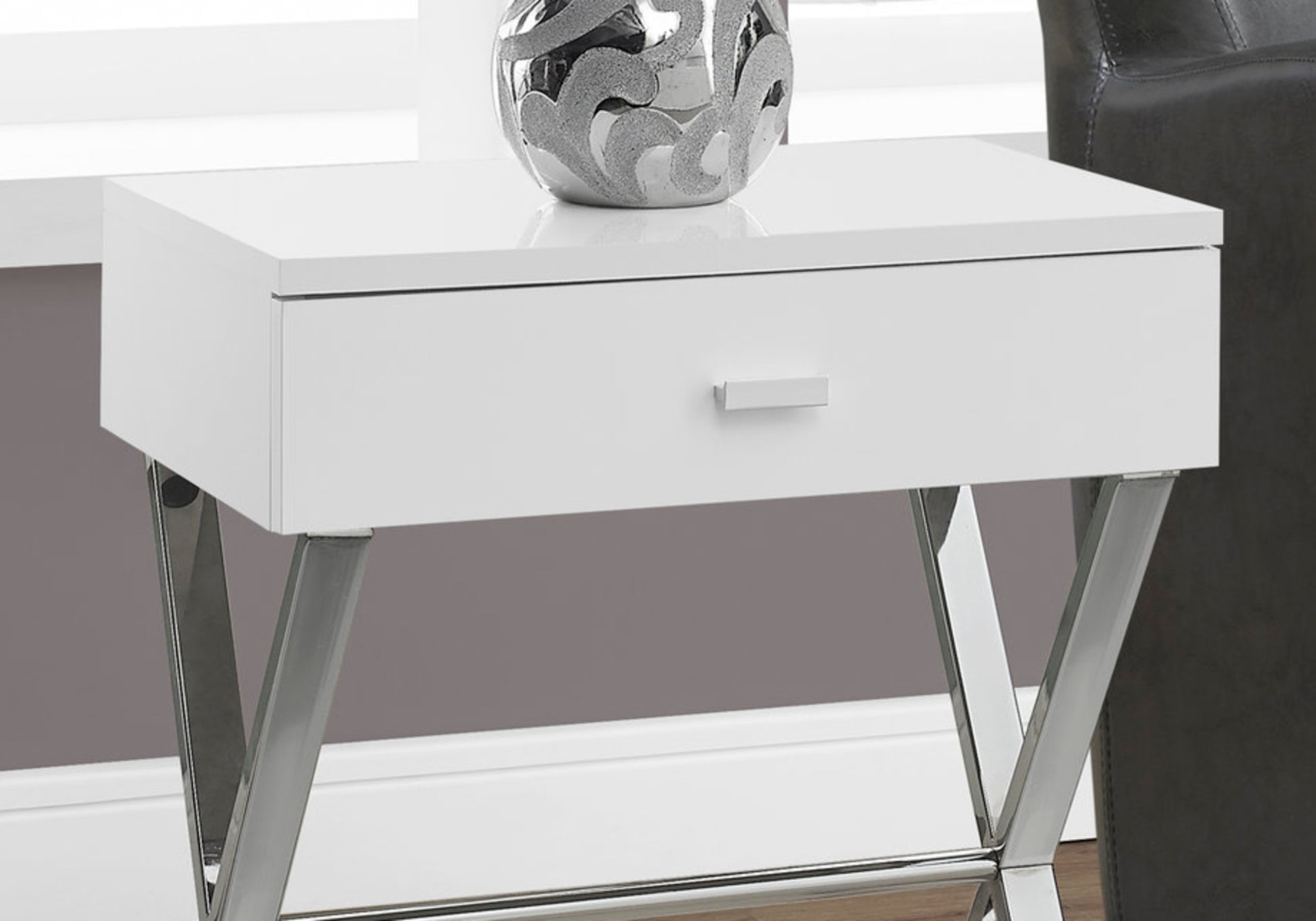 Accent Table, Side, End, Nightstand, Lamp, Storage Drawer, Living Room, Bedroom, Glossy White Laminate, Chrome Metal, Contemporary, Modern White Particle Board