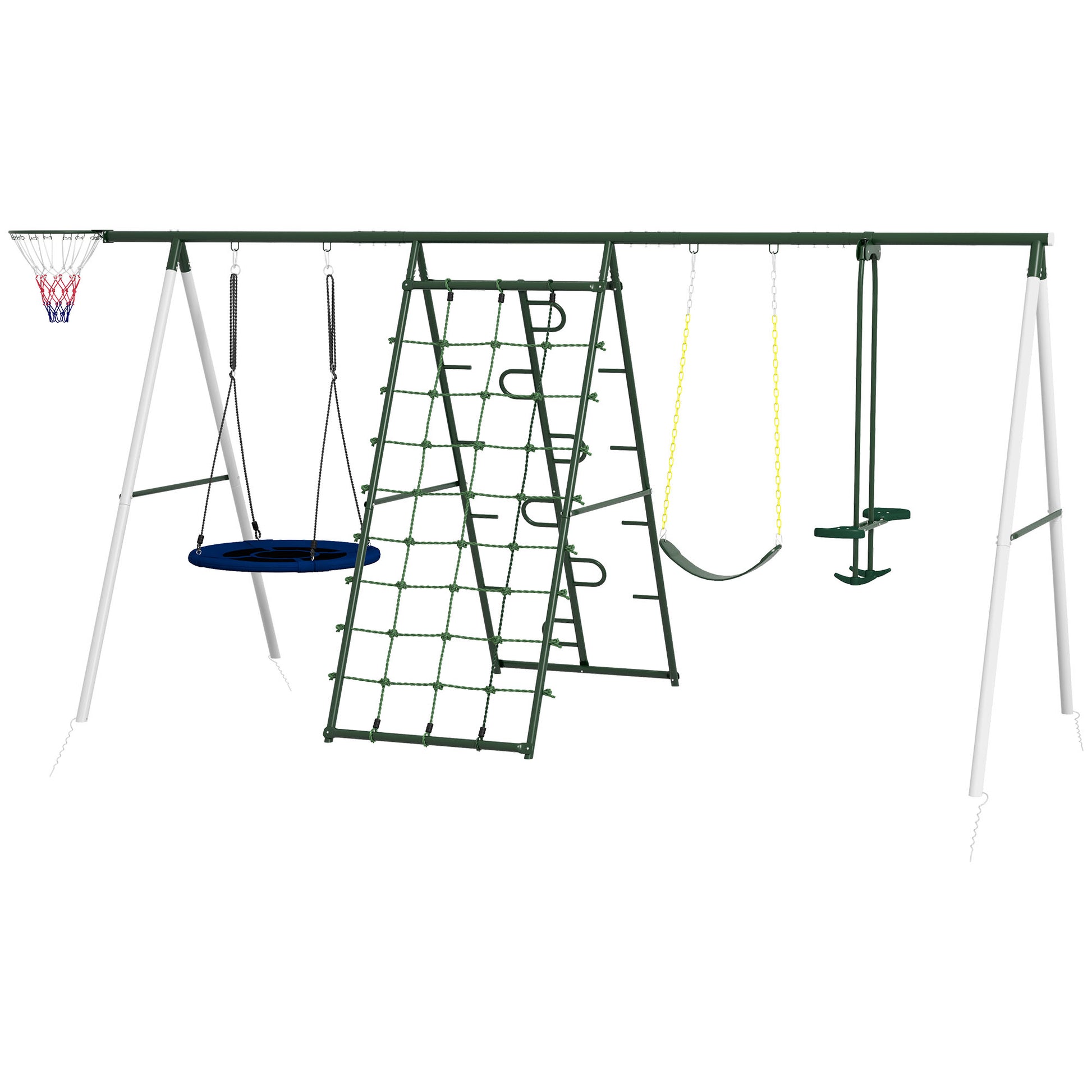 Outsunny 528 Lbs Swing Set For Backyard, 5 In 1 Heavy Duty A Frame Stand Outdoor Playset For Kids, With Saucer Swing, Slide, Swing Seats, Glider, Basketball Hoop, Climbing Steps And Net Green Steel