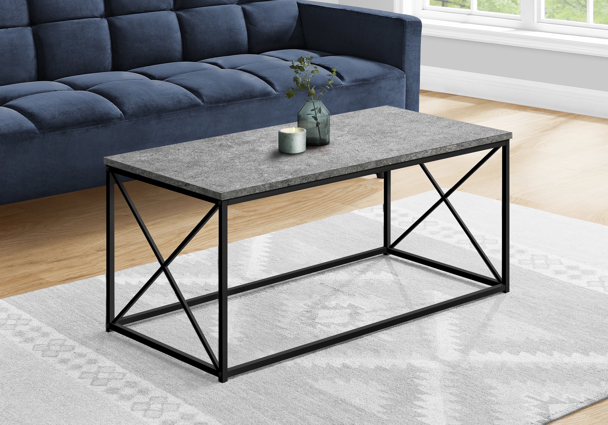 Coffee Table, Accent, Cocktail, Rectangular, Living Room, 40"L, Grey Laminate, Black Metal, Contemporary, Modern Grey Particle Board