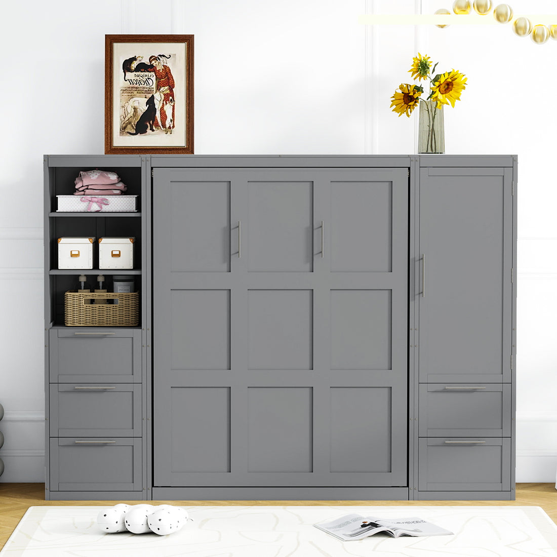 Queen Size Murphy Bed Wall Bed With Closet ,Drawers And Shelves,Gray Queen Gray Mdf Lvl