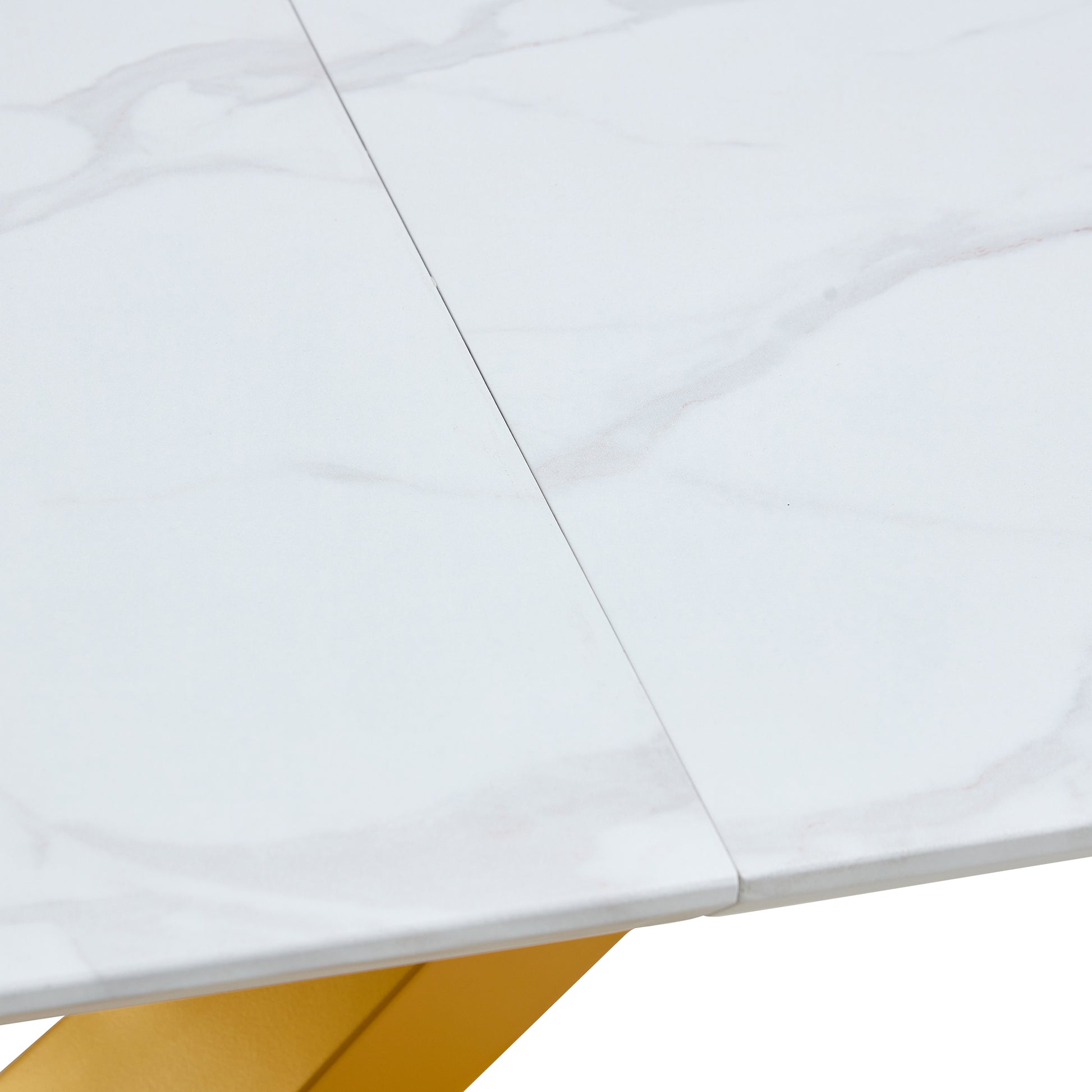 Table And Chair Set, The Table Is Equipped With A Marble Patterned Mdf Tabletop And Gold Table Legs.Dining Chairs,Gold Legged Upholstered Chairs Made Of Artificial Leather. Black Gold Seats 6 Mdf