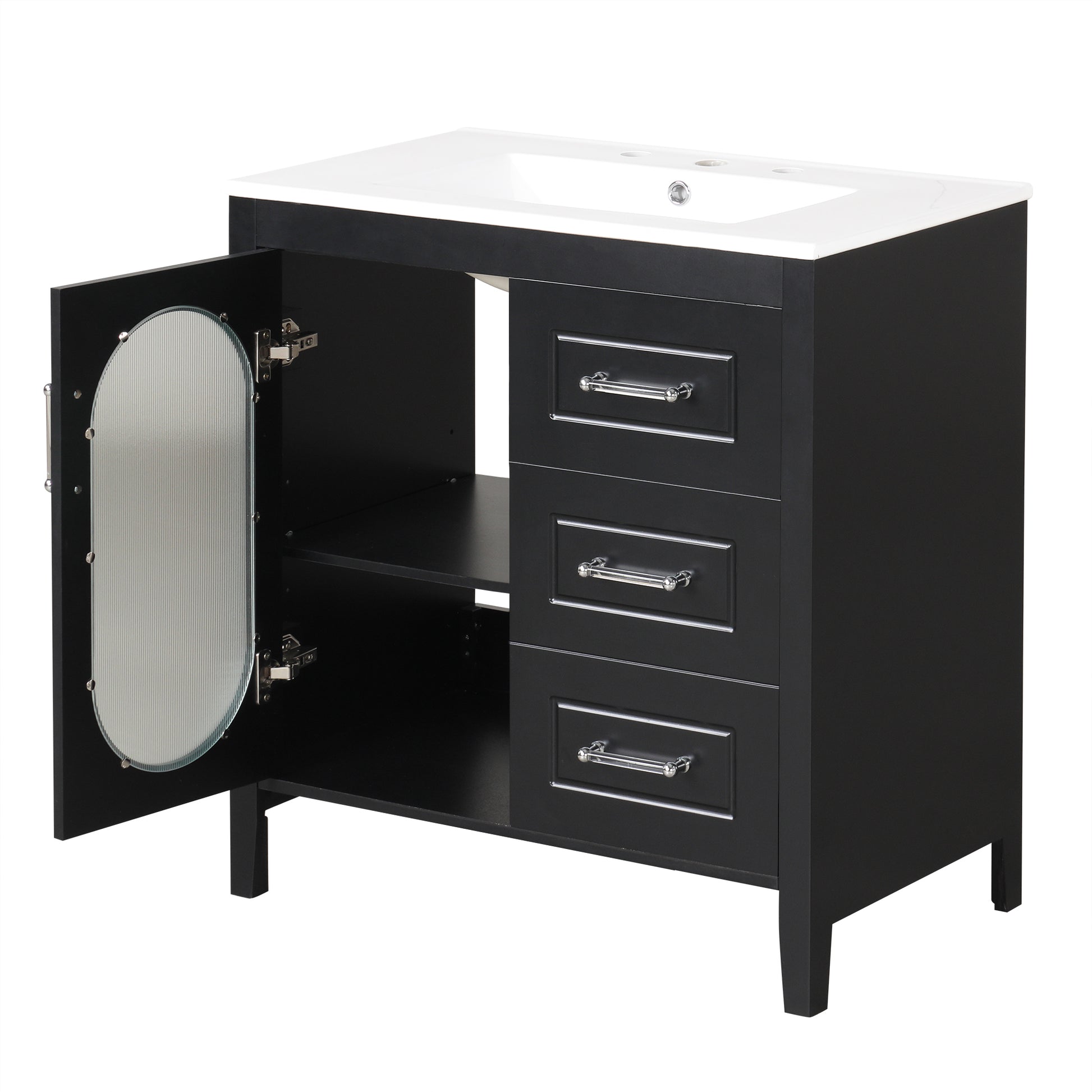 30" Bathroom Vanity With Sink, Bathroom Vanity Cabinet With Two Drawers And Door, Adjustable Shelf, Solid Wood And Mdf, Black Black Solid Wood Mdf