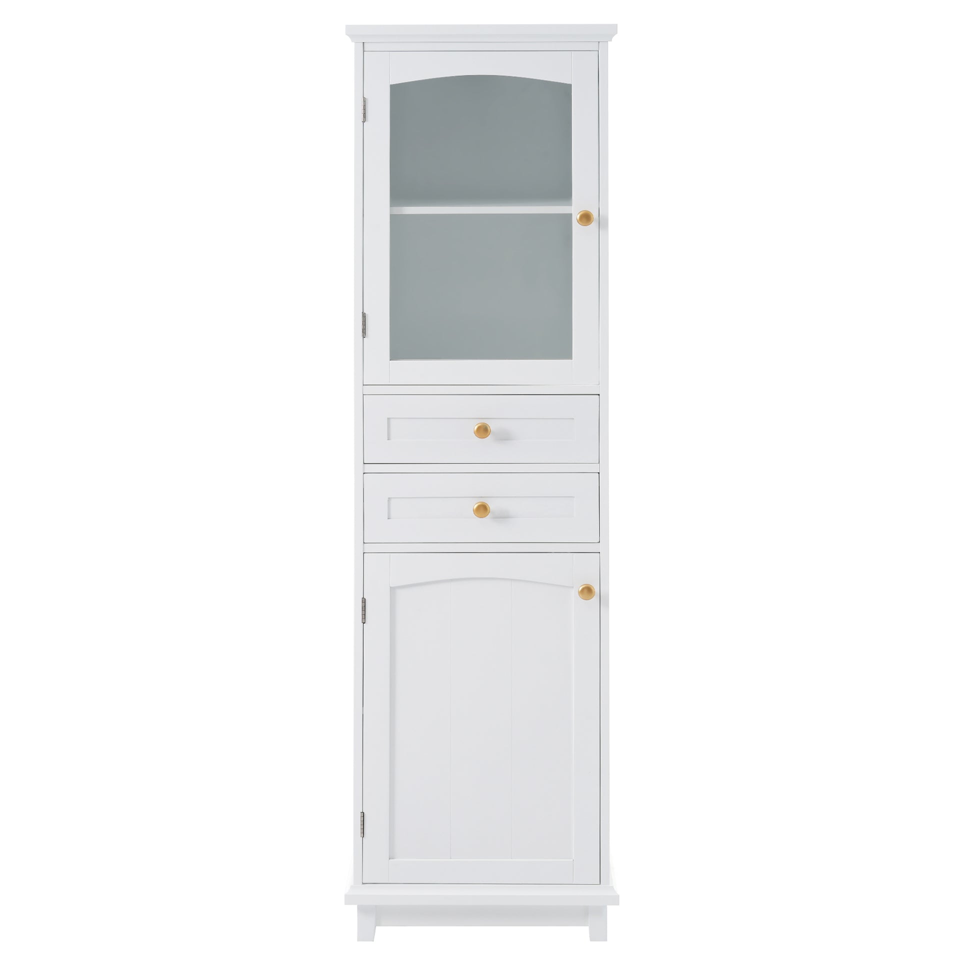 Tall Bathroom Storage Cabinet With Glass Doors, Free Standing, Two Drawers, And Adjustable Shelves, Mdf Board, Painted White Perfect For Displaying Your Favorite Items 2 White 2 4 Adjustable Shelves Bathroom Freestanding Partice Board Mdf Pine Wood