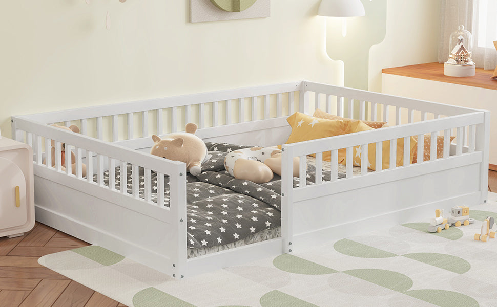 Full Floor Bed Frame With Fence, Wood Kids Floor Beds Frame For Bedroom Playroom,White Expect Arrive Date Jul. 10Th Full White Pine