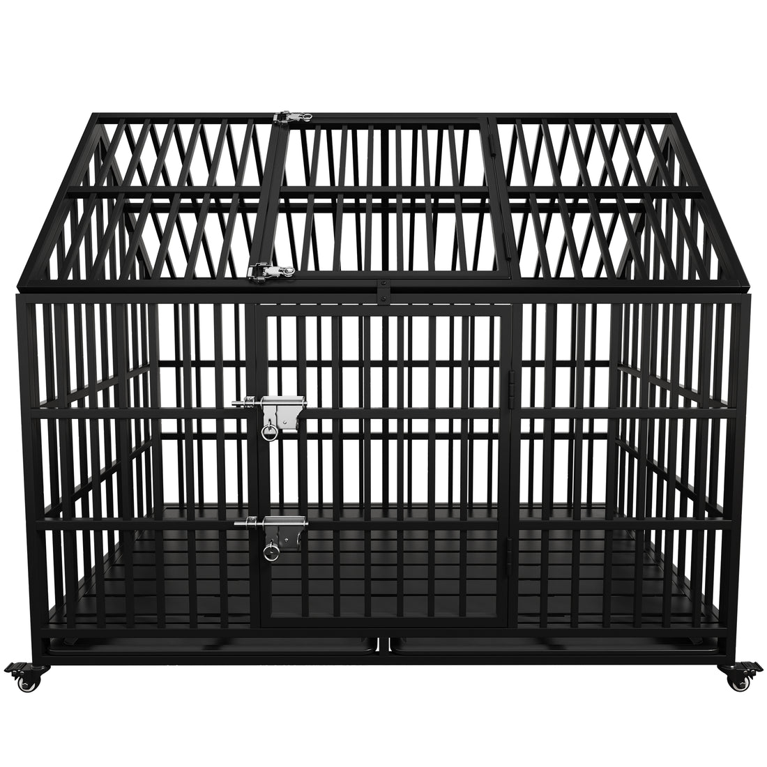 54" Heavy Duty Dog Crate Large Dog Cage Strong Metal Dog Kennels And Crates For Large Dogs Top Open With 2 Doors 4 Lockable Wheels 2 Removable Trays Black Outdoor Kennel Extra Large 71 90 Lbs Steel