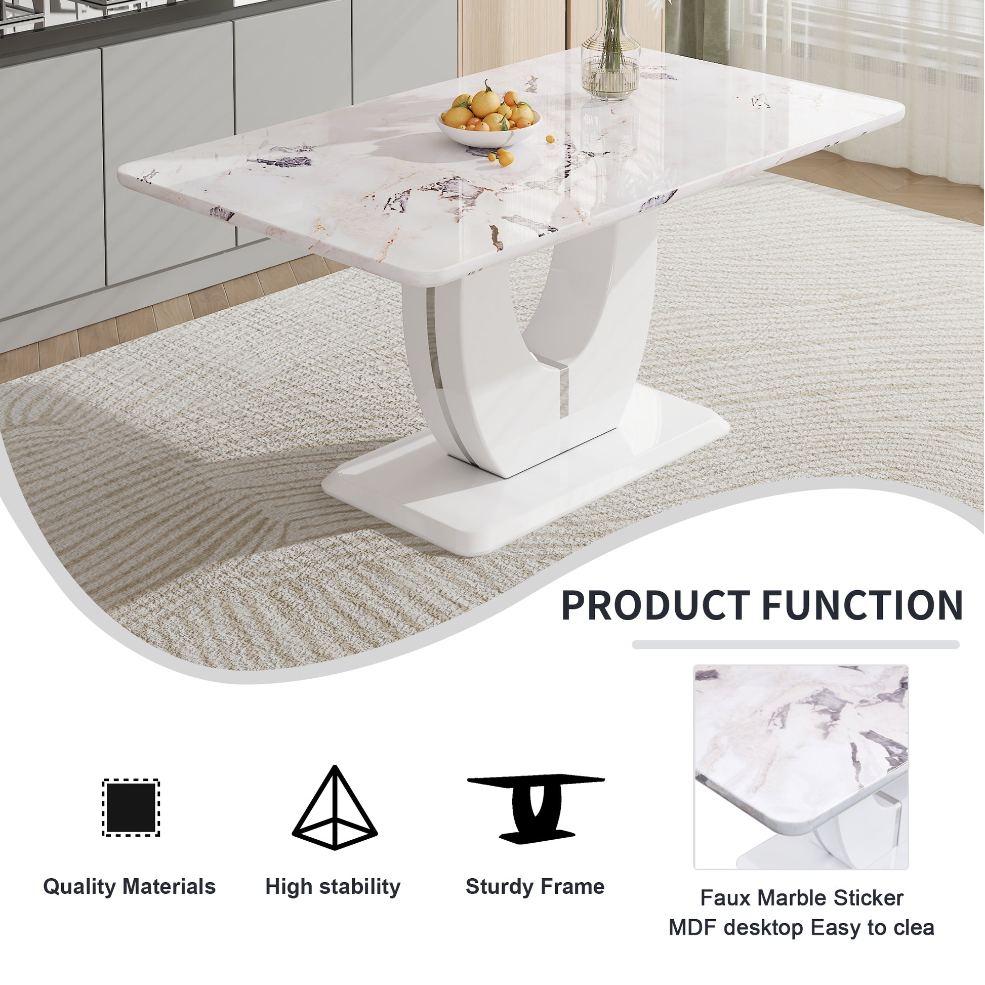 Table And Chair Set, Modern Luxurious White Imitation Marble Pattern Mdf Dining Table Rectangular Dining Table, Matched With Uniquely Shaped Pu High Backrest Seats,Suitable For Various Occasions. Grey White Seats 4 Mdf