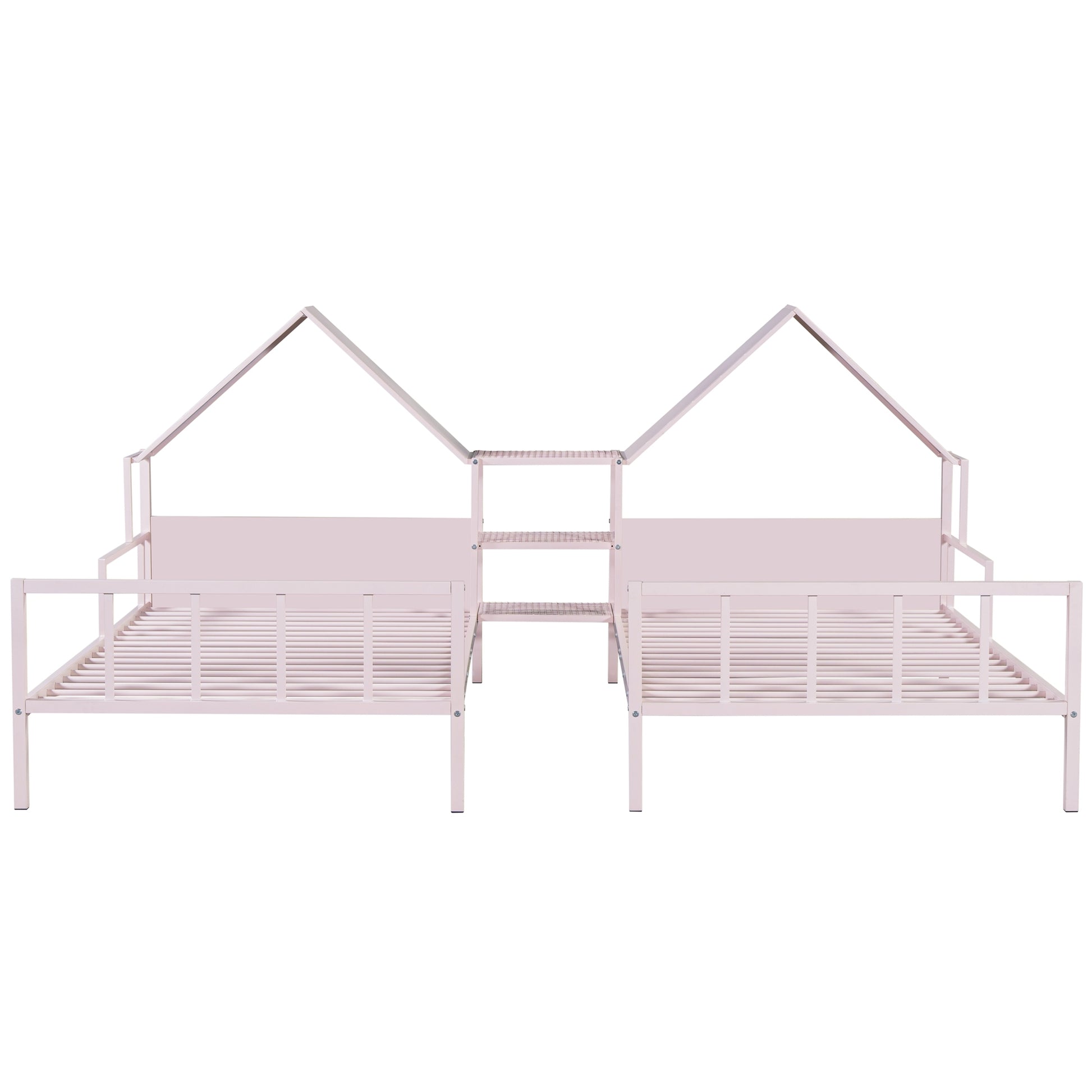 Metal Double Twin Size Platform Bed With House Shaped Headboard And A Built In Nightstand, Pink Box Spring Not Required Twin Pink Metal Metal