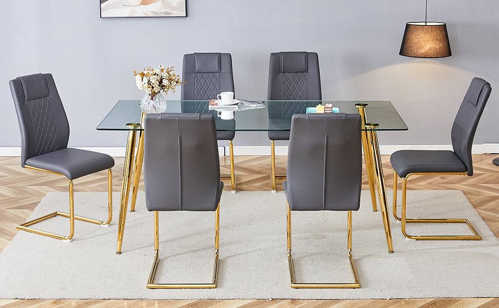 Table And Chair Set.Modern Rectangular Glass Dining Table With A Tempered Glass Tabletop And Metal Legs, Paired With Multiple Chairs Designed With Pu Cushions And Golden Metal Legs. Grey Gold Seats 6 Tempered Glass