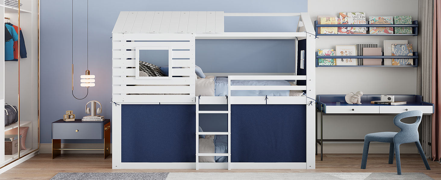 Twin Size Bunk Wood House Bed With Tent, Blue White Twin Blue Solid Wood Mdf