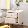 Elegant Pu Nightstand With 2 Drawers And Crystal Handle,Fully Assembled Except Legs&Handles,Storage Bedside Table With Metal Legs White White Pu