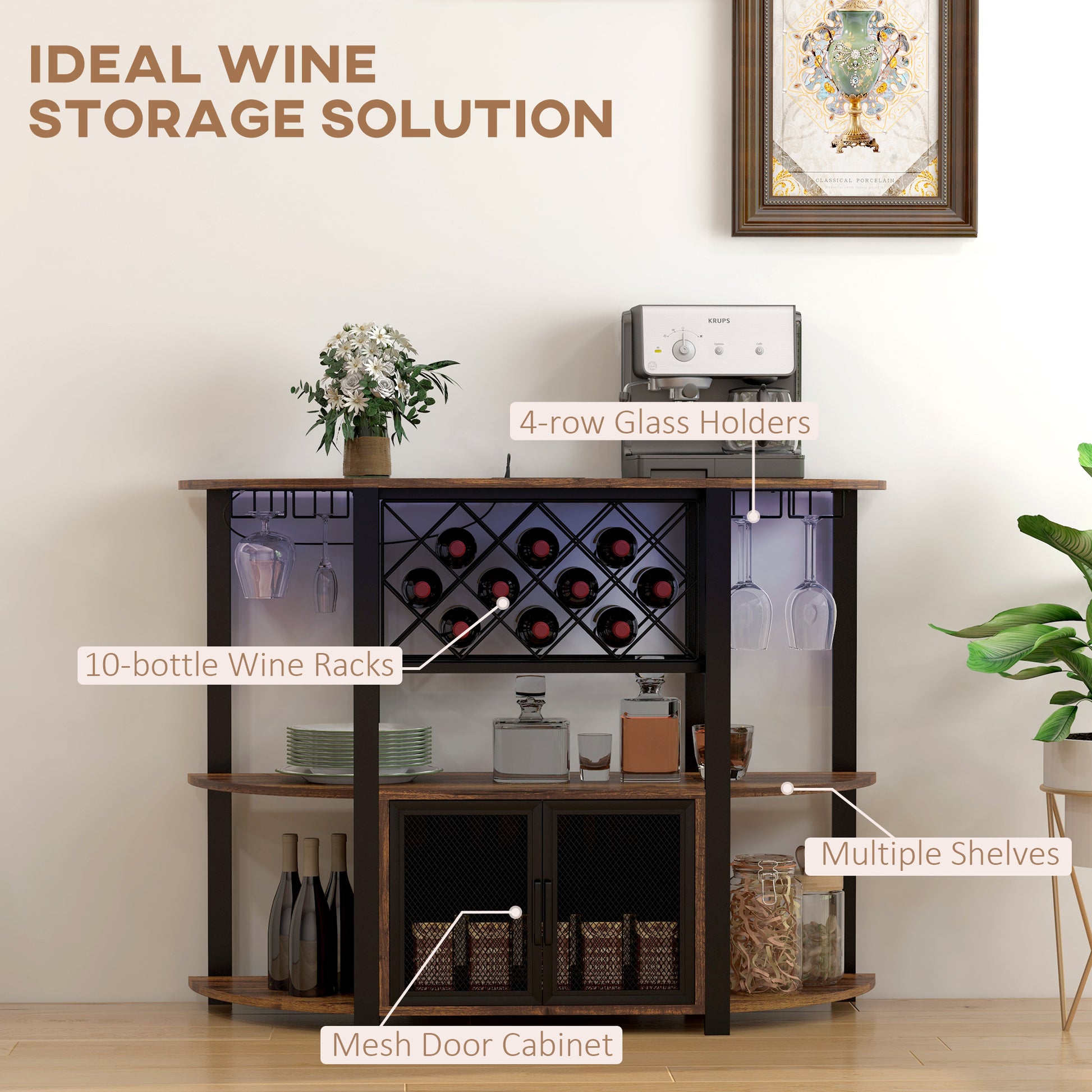 Homcom Wine Bar Cabinet With Charging Station And Led Lights, Industrial Liquor Cabinet Bar Stand For Home With 10 Bottle Wine Rack, Glass Holders, Mesh Doors, And Open Shelves, Rustic Brown Rustic Brown Steel