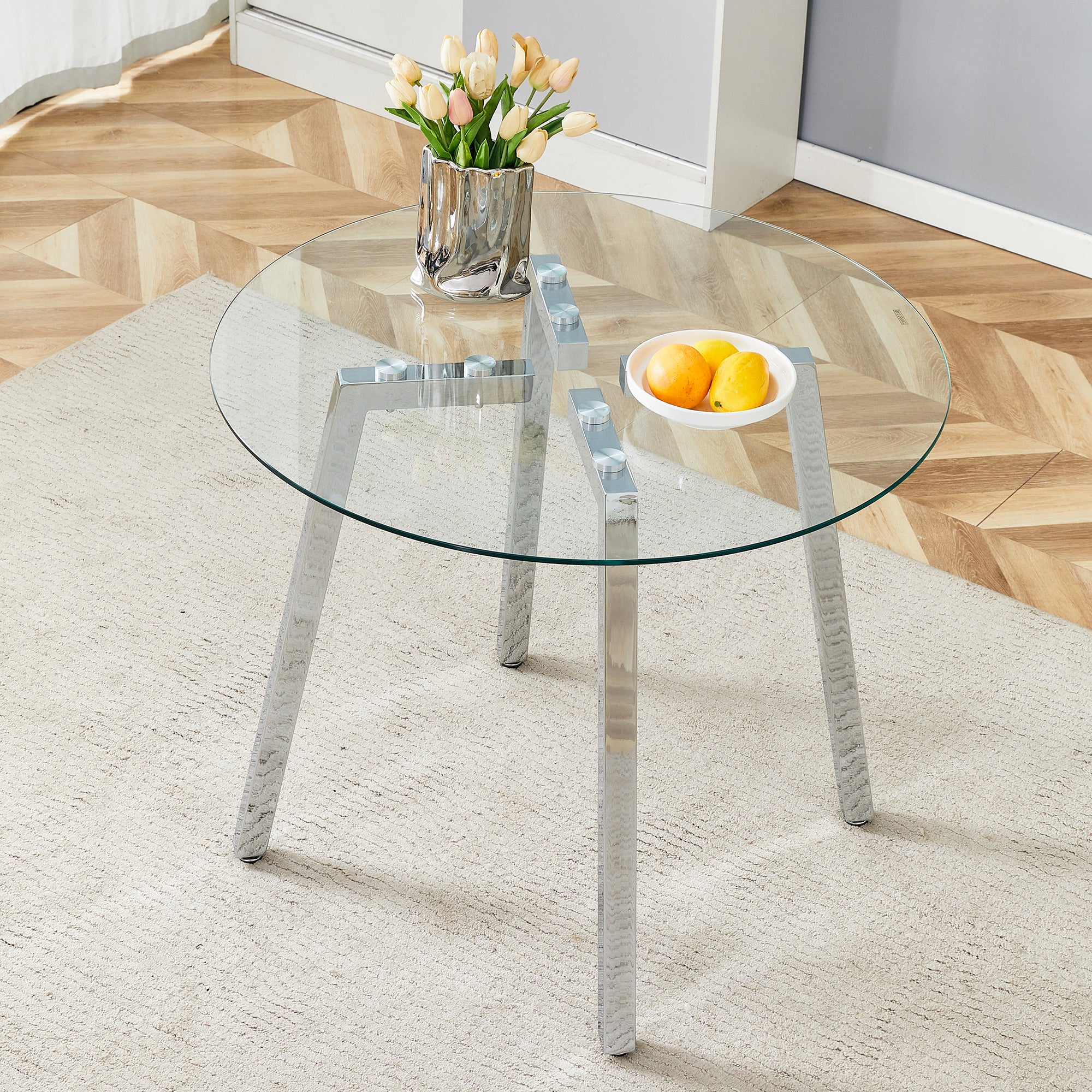 Modern Luxurious Round Tempered Glass Dining Table With Silver 7 Shaped Metal Legs,Suitable For Family Meals, Office Conferences, Or As A Casual Coffee Table For Various Occasions.36*36*29.5 Silver