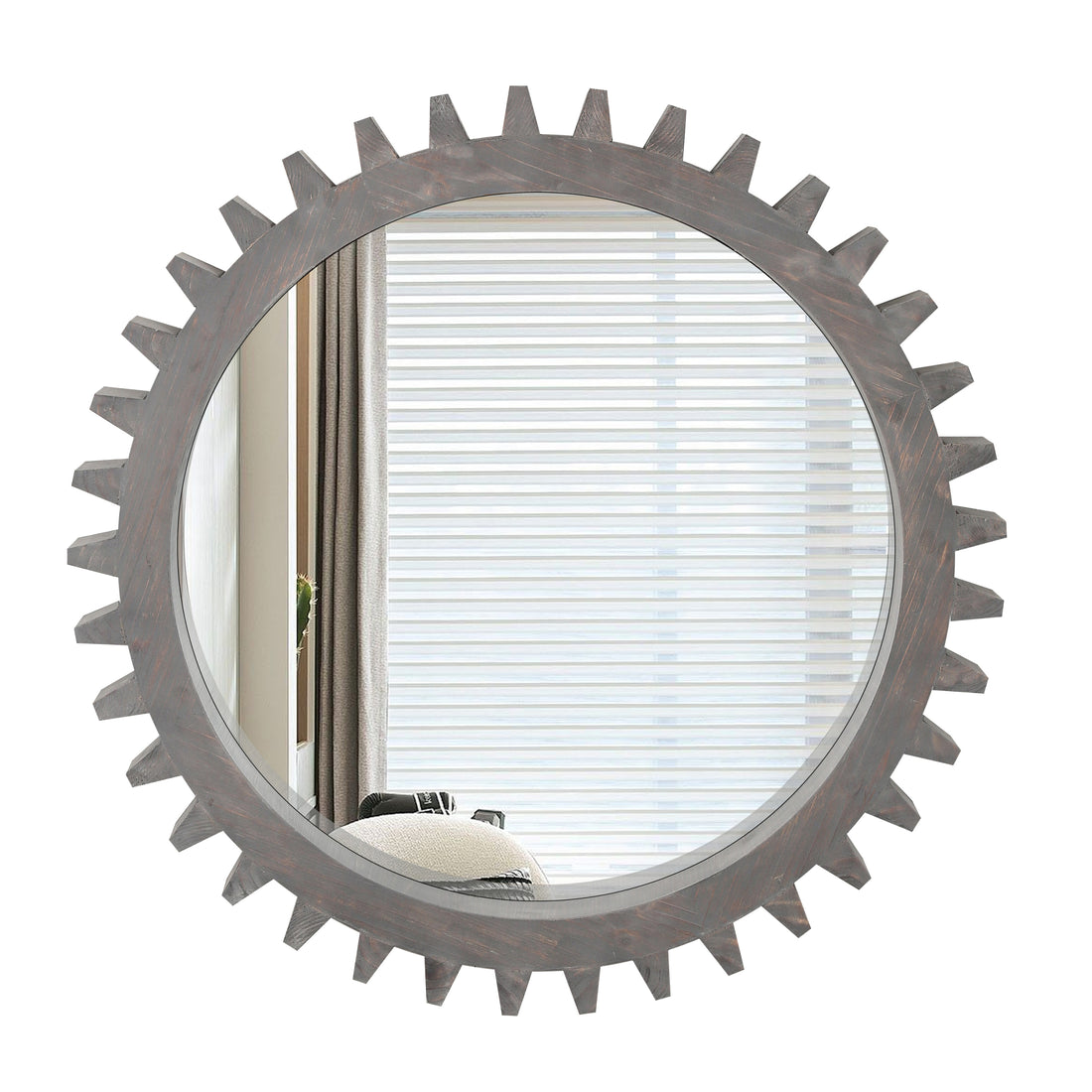 Vintage 26'' X 26'' Wall Wood Round Hanging Gear Shape Heavy Decorative Mirror For Bathroom Living Room Entryway Or Put Together To Your Liking Antique Dark Brown Dark Brown Antique Glass Mirror