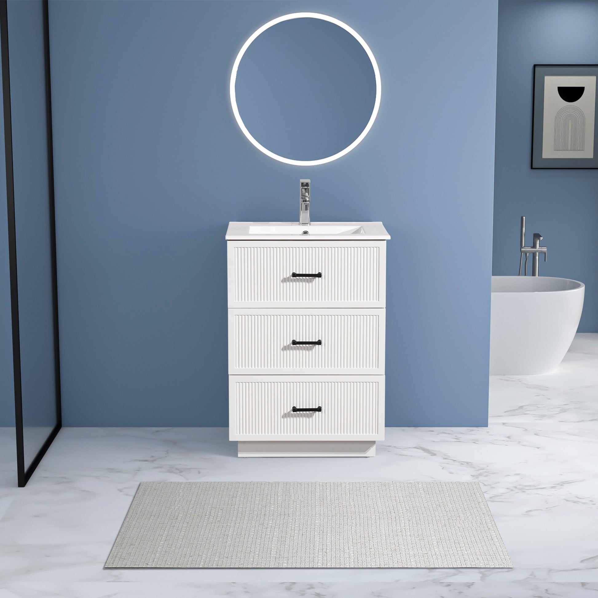 24 Inch Bathroom Vanity With Ceramic Sink Set, Modern Freestanding Bathroom Storage Cabinet With 2 Drawers, Floor Standing Bath Vanity Combo, White White Mdf