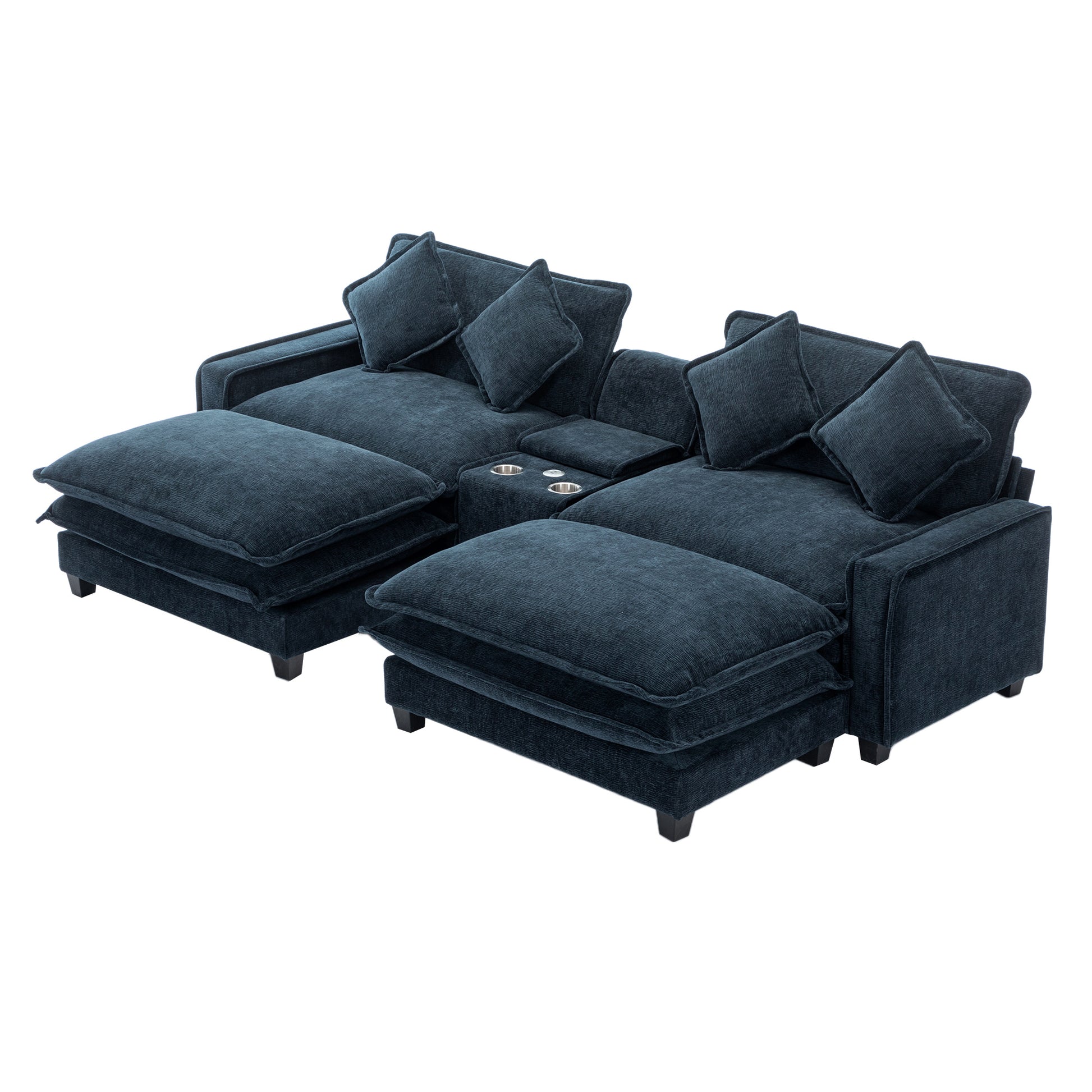 112.6" Sectional Sofa Chenille Upholstered Sofa With Two Removable Ottoman, Two Usb Ports, Two Cup Holders And Large Storage Box For Living Room, Blue Blue Foam Chenille 2 Seat