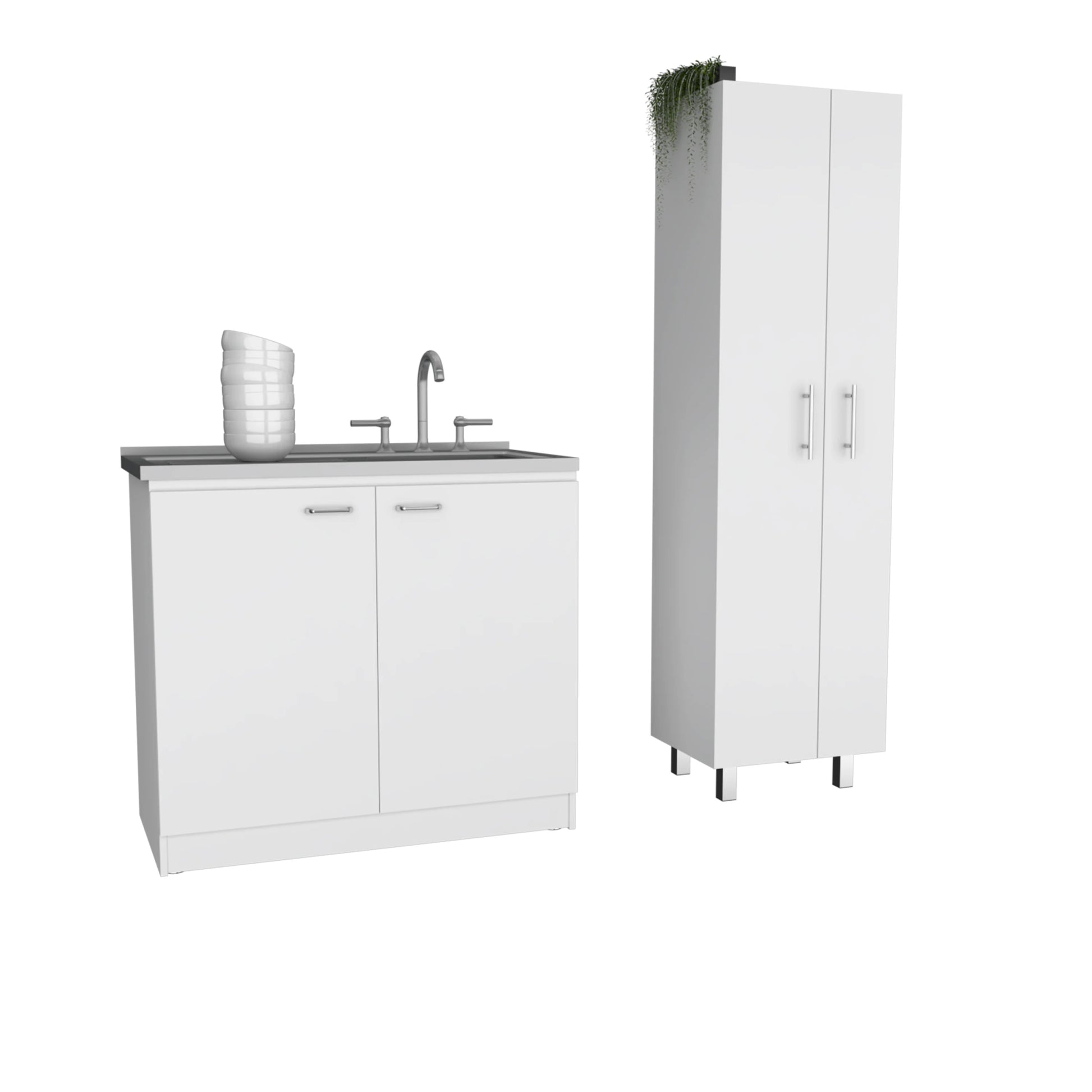 White 4 Door 2 Piece Kitchen Set, Utility Sink Cabinet And Pantry Cabinet Wood White Wood Dining Room Mdf