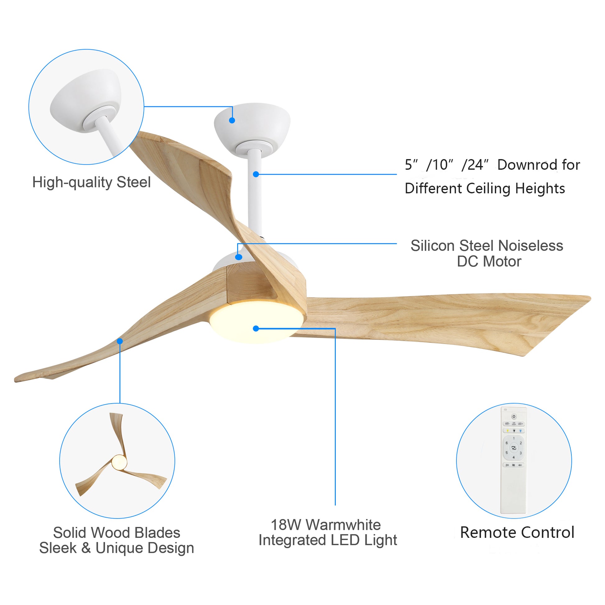 52 Inch Minimalist Ceiling Fan Light With 6 Speed Remote Energy Saving Dc Motor Matte White Metal & Wood