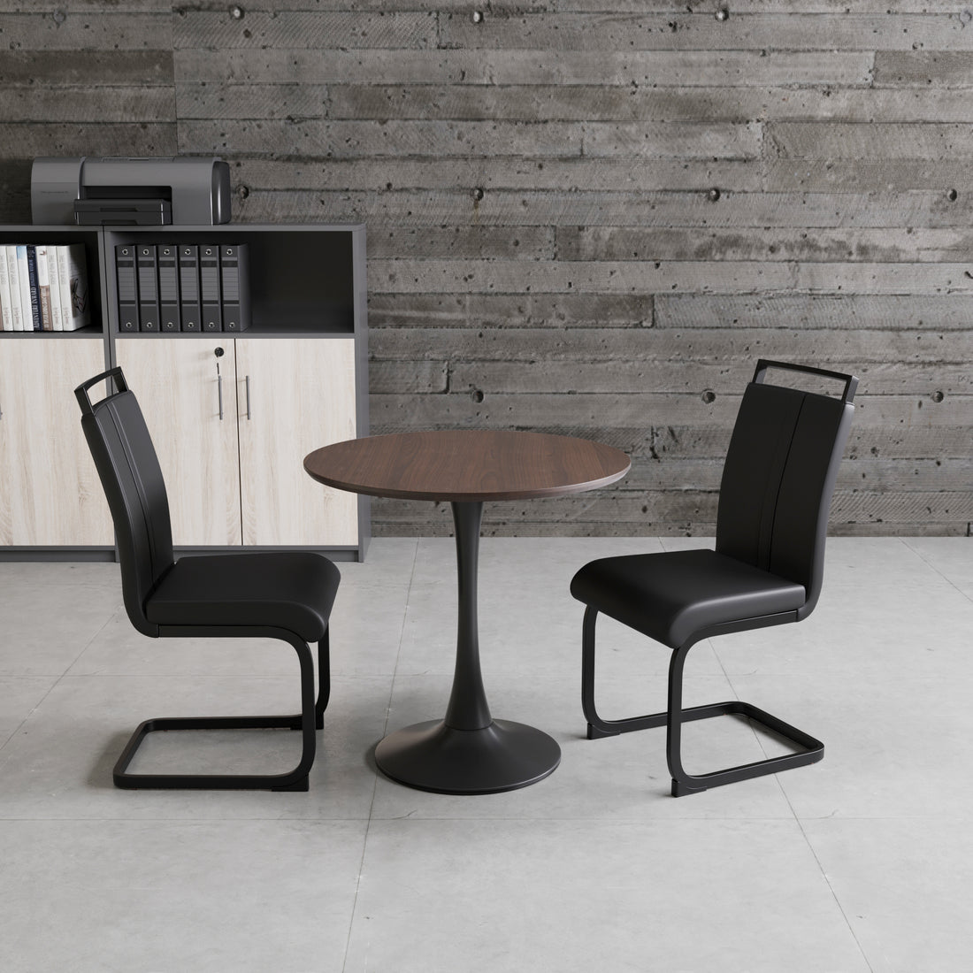 Walnut Circular Dining Table, 31.5 "Tulip Dining Table, Kitchen Dining Table For 2 4 People, Mdf Tabletop And Base, And 2 Black Pu Black Metal Leg Dining Chairs Set 2 Walnut Mdf