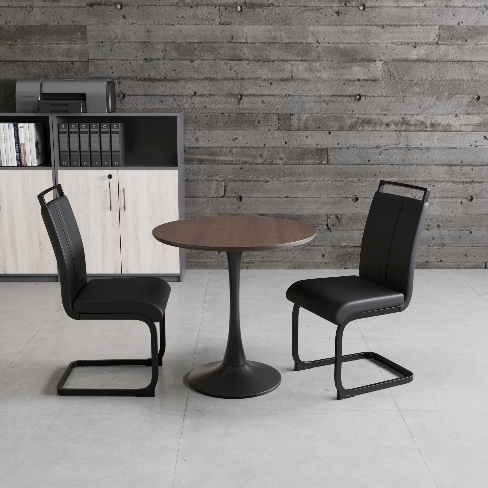 Walnut Circular Dining Table, 31.5 "Tulip Dining Table, Kitchen Dining Table For 2 4 People, Mdf Tabletop And Base, And 2 Black Pu Black Metal Leg Dining Chairs Set 2 Walnut Mdf