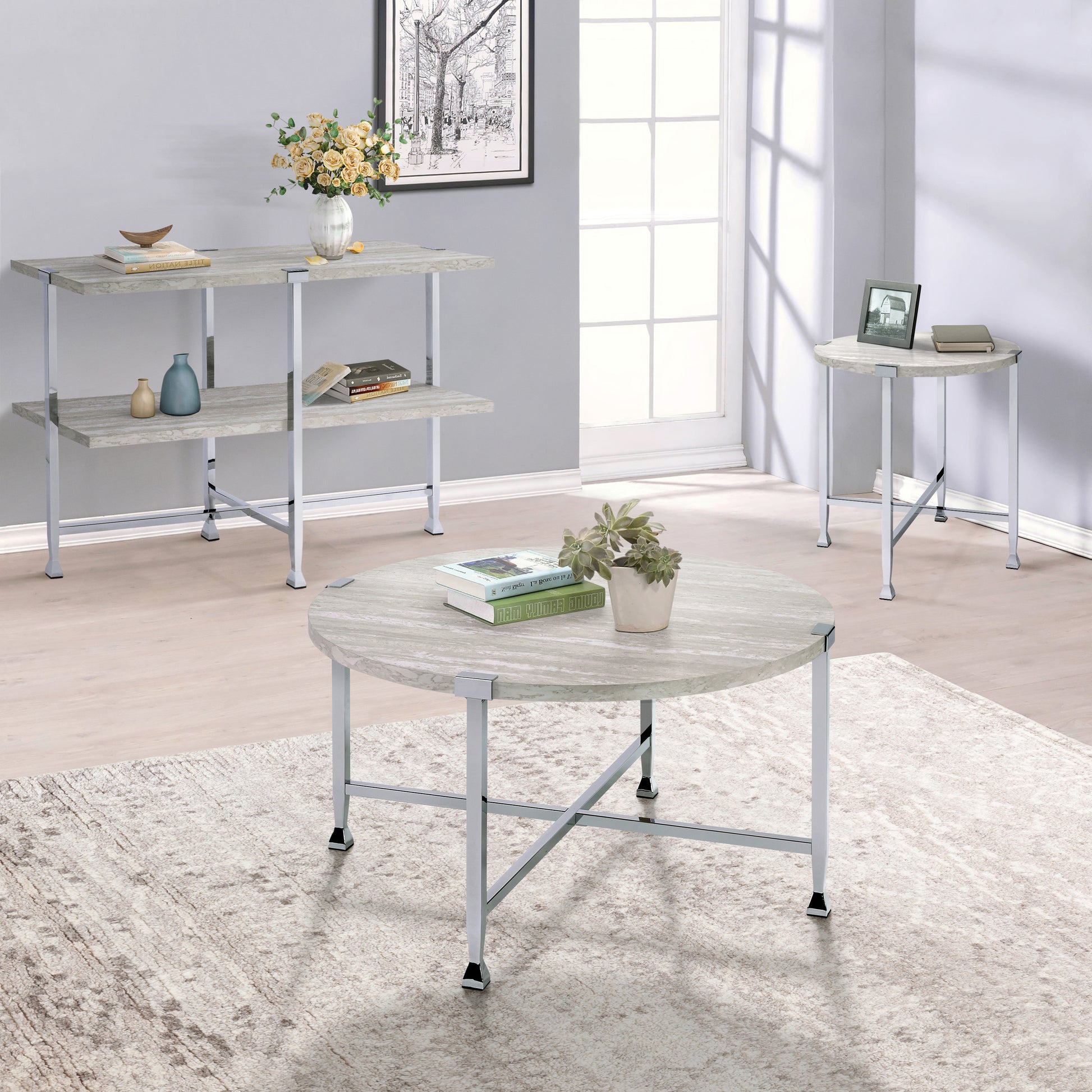 White Oak And Chrome Round Coffee Table Oak Silver Primary Living Space Industrial Round Wood Metal