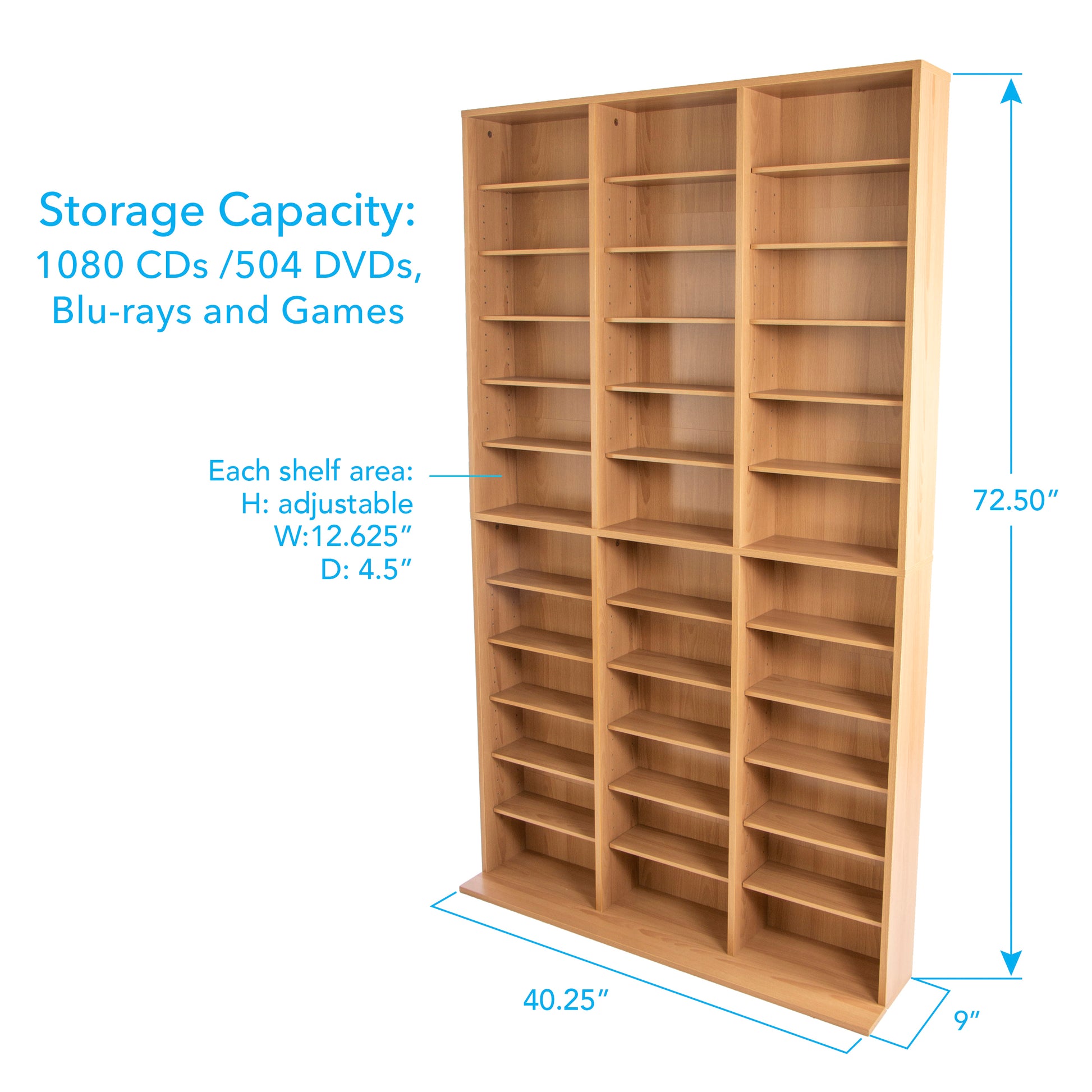 Media Shelving Unit, 6 Fixed Shelves, 30 Adjustable Shelves, Wide Base For Stability In Maple Tan Particle Board