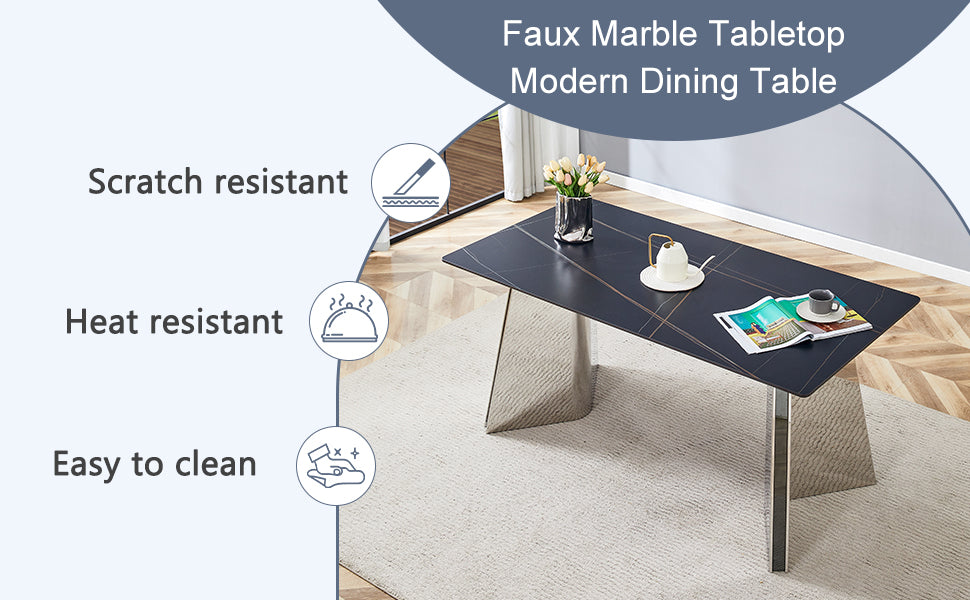 Table And Chair Set.63"X31.5X30" Black Marble Patterned Slabs Tabletop With Stainless Steel Butterfly Legs.Paried With 4 White High Quality Pu Chairs With Silver Metal Legs. White Black Seats 4