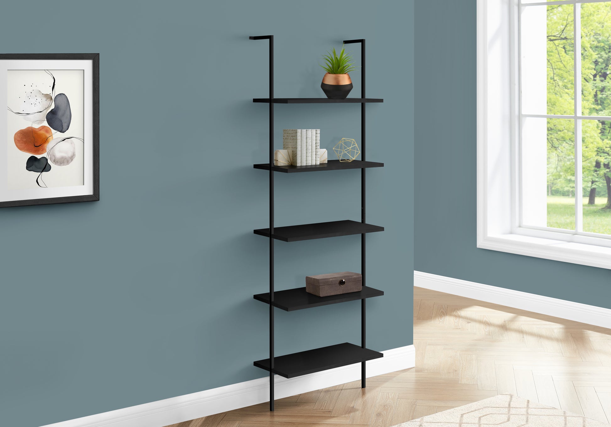 Bookshelf, Bookcase, Etagere, Ladder, 5 Tier, 72"H, Office, Bedroom, Black Laminate, Black Metal, Contemporary, Modern Black Metal