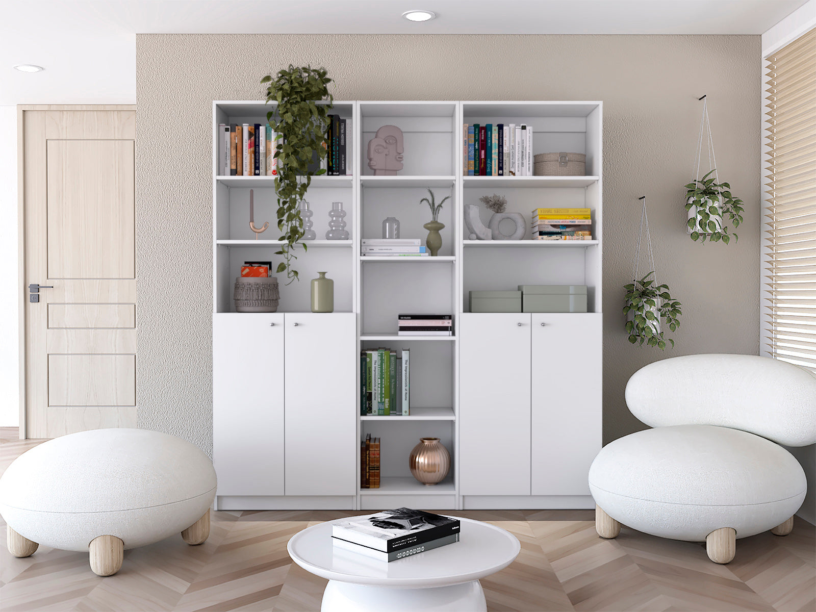 Acres 3 Piece Home Bookcase Set, 67" Wide With 11 Shelves And Two Double Door Cabinetliving Room Set White 5 Or More Shelves White Office Modern Particle Board