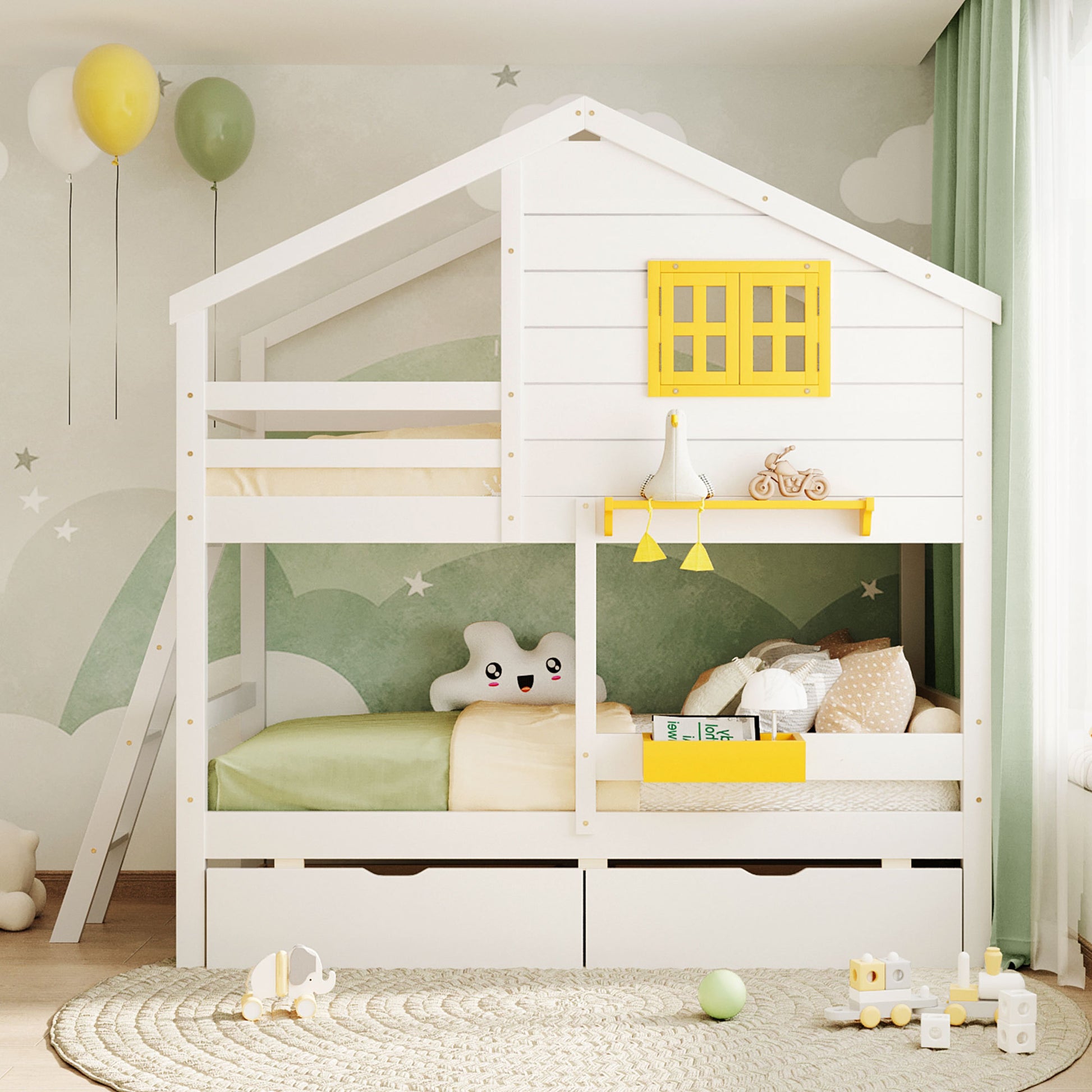 Twin Over Twin Bunk Bed With 2 Drawers, 1 Storage Box, 1 Shelf, Window And Roof White Old Sku:Lt001608Aak Twin White Solid Wood