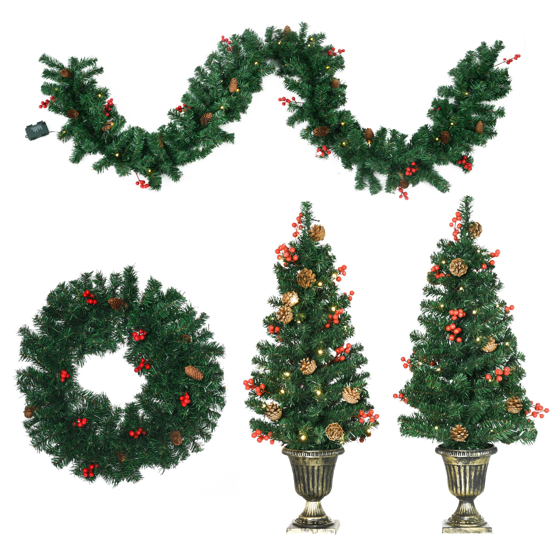 Homcom Prelit Holiday Christmas 4 Piece Set, Garland Wreath And Set Of 2 Entrance Trees With Warm White Led Lights, Red Berries, Pine Cones, Green Green Plastic