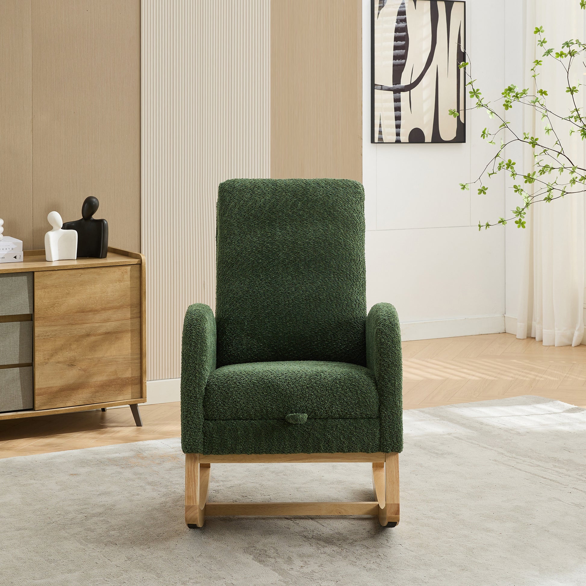 25.4"W Rocking Chair For Nursery, High Back Glider Chair With Retractable Footrest, Side Pocket, Rocking Accent Armchair With Rubber Wood Legs For Living Room Bedroom.Green Green Boucle