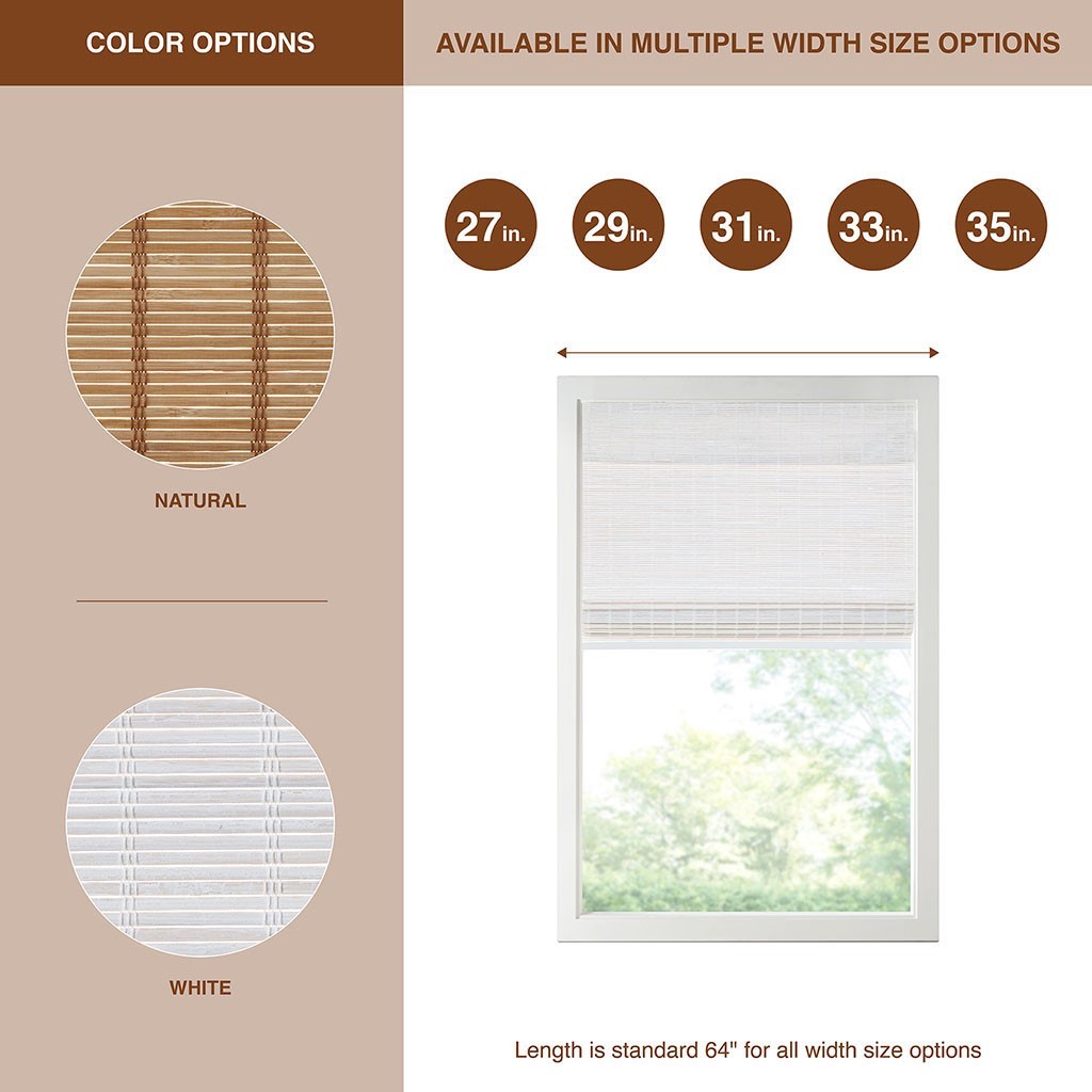 Bamboo Light Filtering Roman Shade 64"L White Bamboo