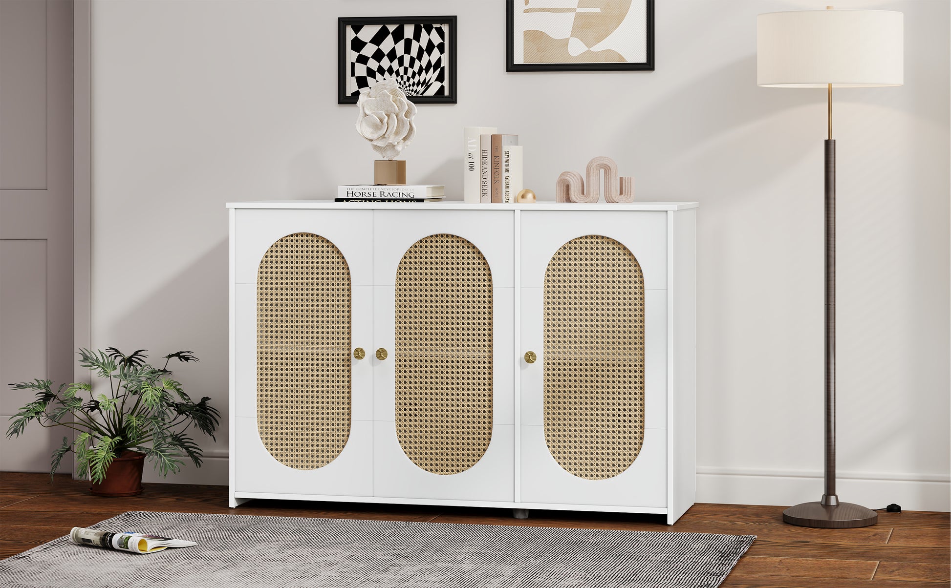 Retro 3 Door Sideboard With Large Storage Space Artificial Rattan Doors And Metal Handles, Accent Cabinet For Living Room And Hallway White White Particle Board Mdf