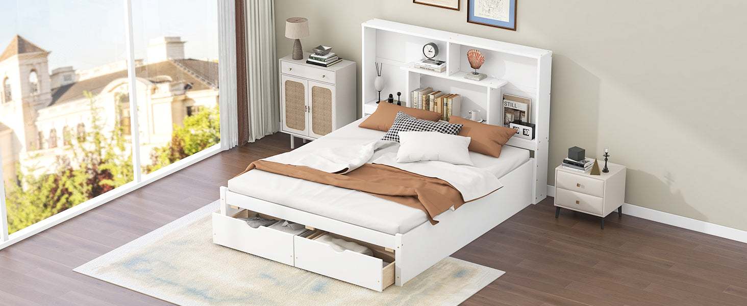 Queen Size Platform Bed With Storage Headboard And 2 Drawers, White Box Spring Not Required Queen White Wood Bedroom Bed Frame Solid Wood Mdf