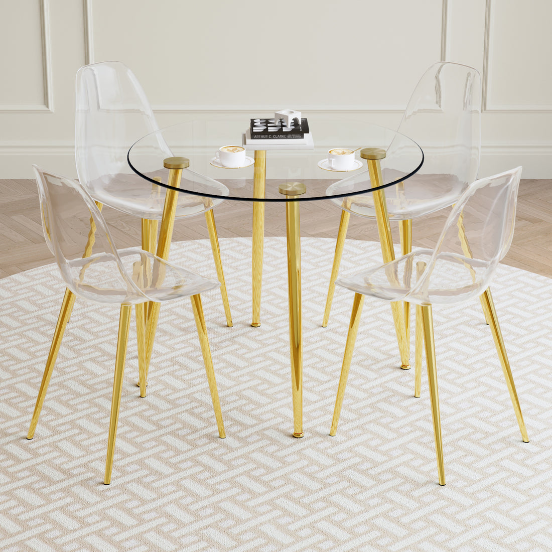 A Modern Minimalist Style Round Transparent Tempered Glass Table With Gold Metal Legs,Paired With 4 Modern Style Transparent Dining Chairs For A Luxurious Experience. Transparent Seats 4 Glass