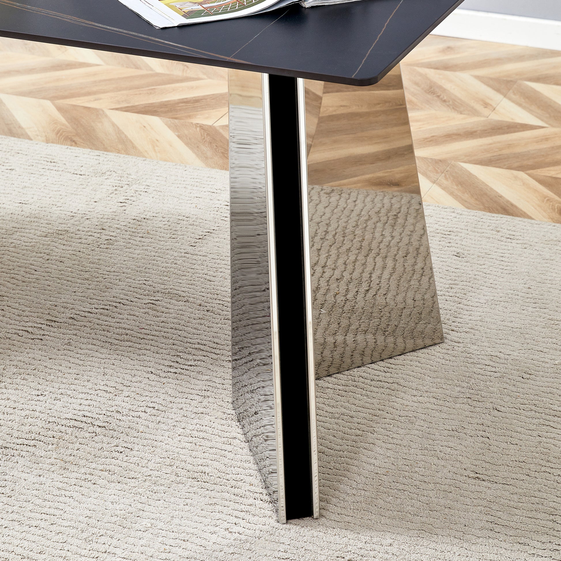 Table And Chair Set.63"X31.5X30" Black Marble Patterned Slabs Tabletop With Stainless Steel Butterfly Legs.Paired With 6 White Pu Dining Chairs With A Vertical Stripe Design On The Backrest. White